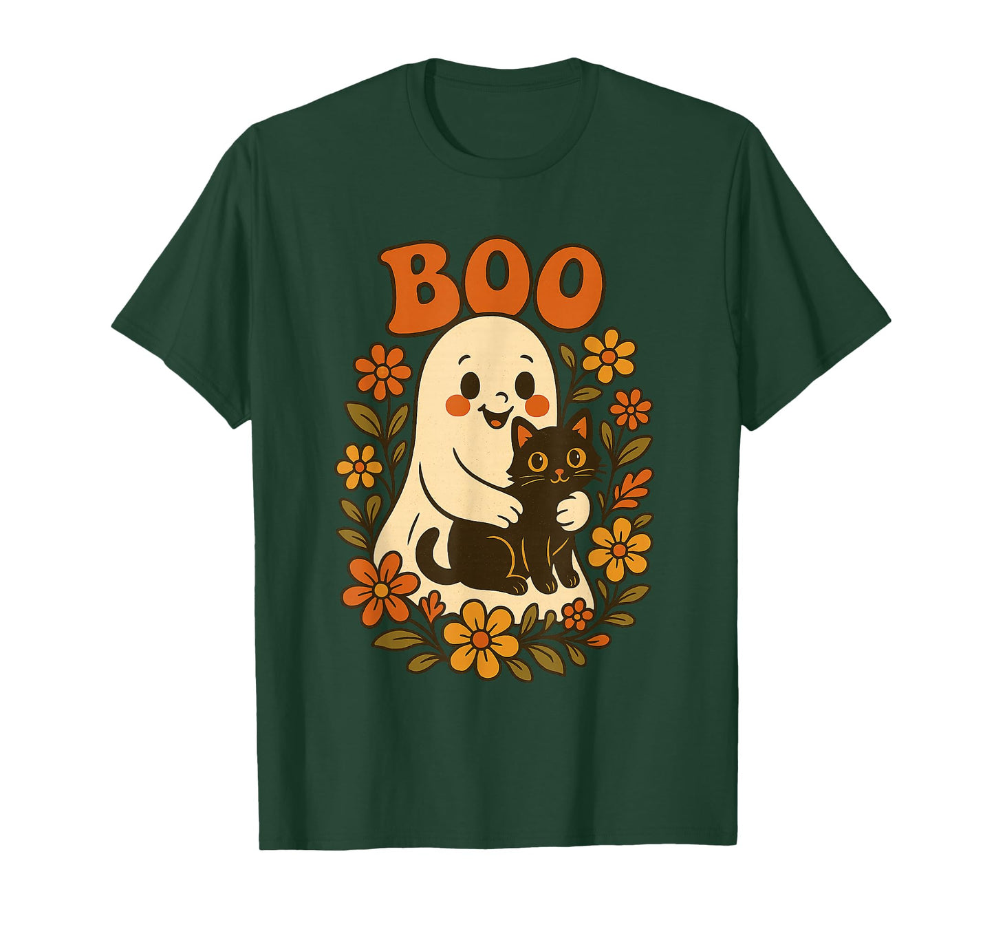 Vintage Halloween Ghost Holding Black Cat Groovy Floral T-Shirt