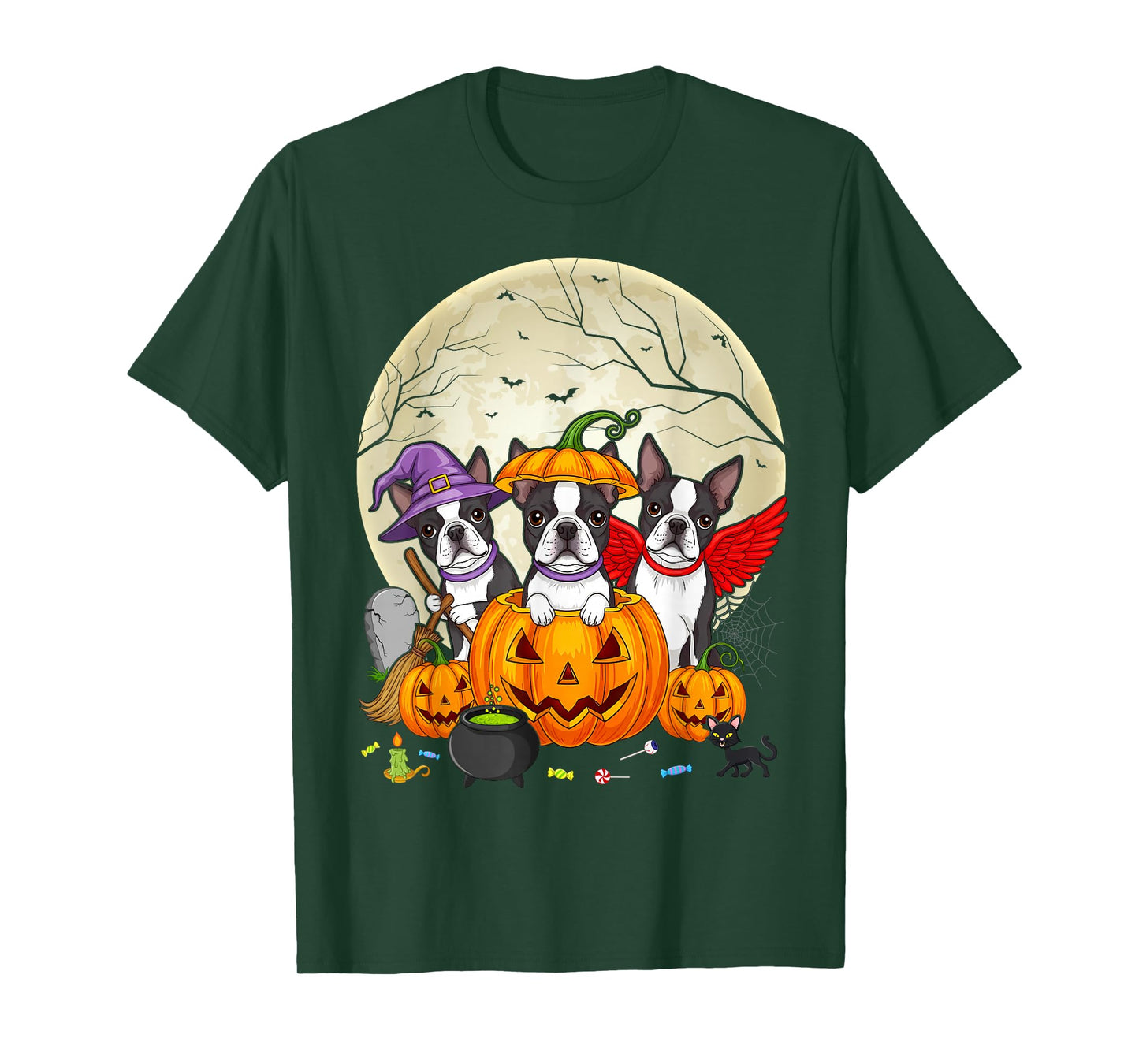 Funny Pumpkin Witch Boston Terrier Dog Halloween T-Shirt