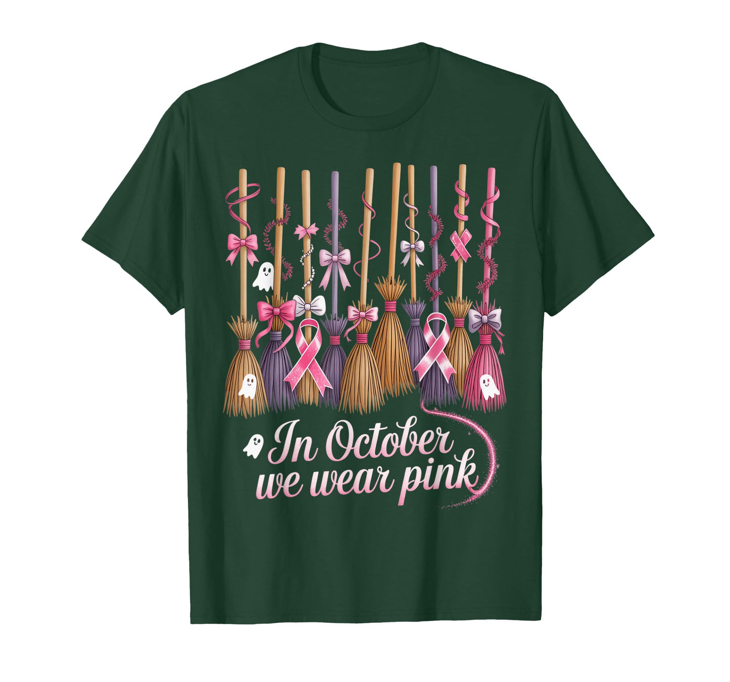 in October We Wear Pink Witches Brooms Spooky Breast Cancer T-Shirt