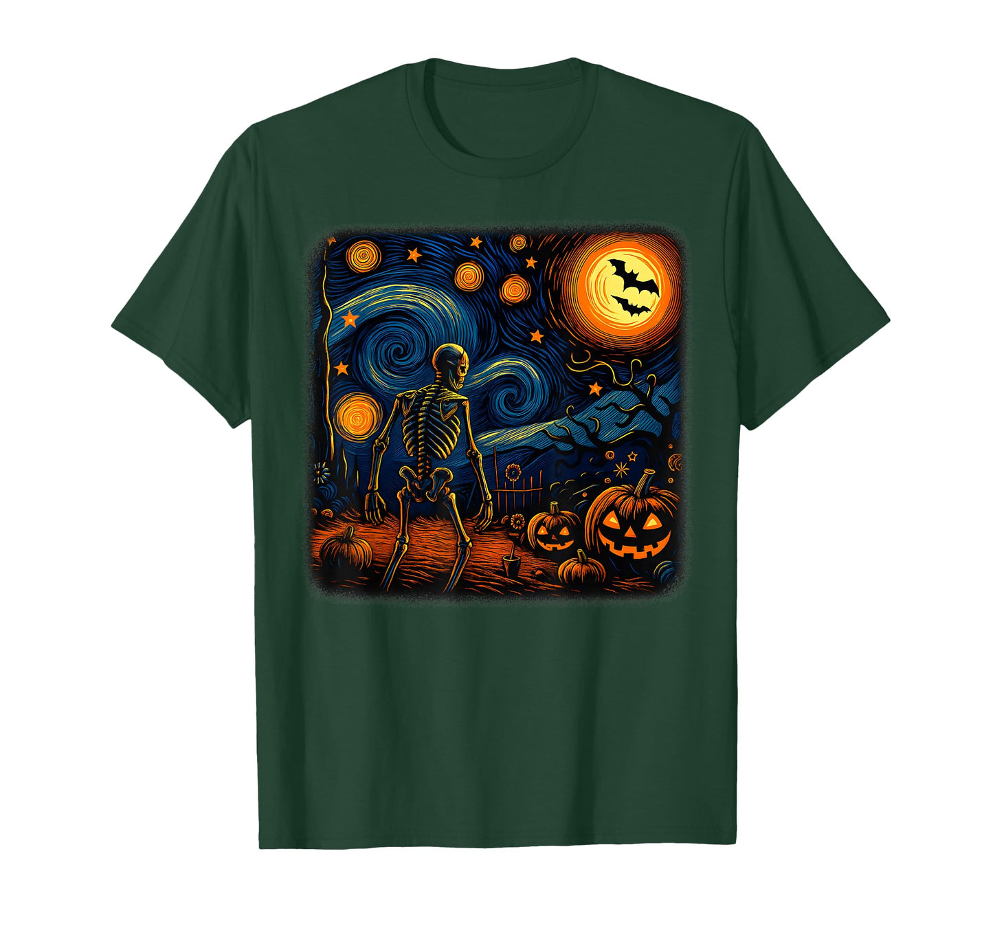 Halloween Skeleton Starry Night Van Gogh Pumpkin Men Women T-Shirt