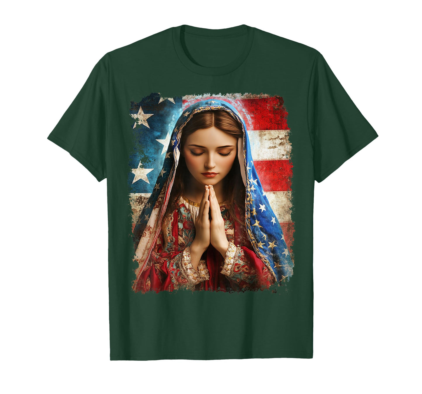 US Flag American The Virgin Mary Religious Christian T-Shirt