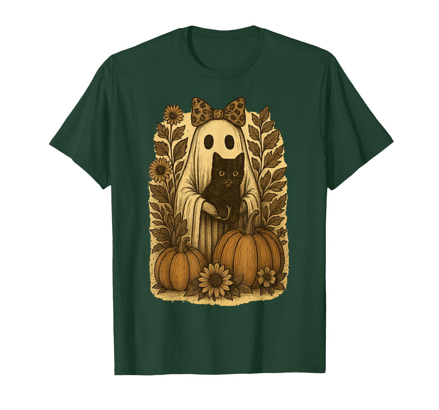 Vintage Halloween Ghost Holding Black Cat Groovy Floral T-Shirt