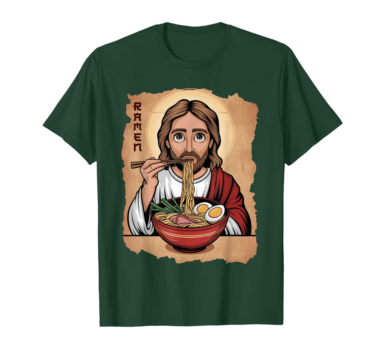 Cute Jesus Eating Ramen Noodles Ocean Waves Japanese Art T-Shirt