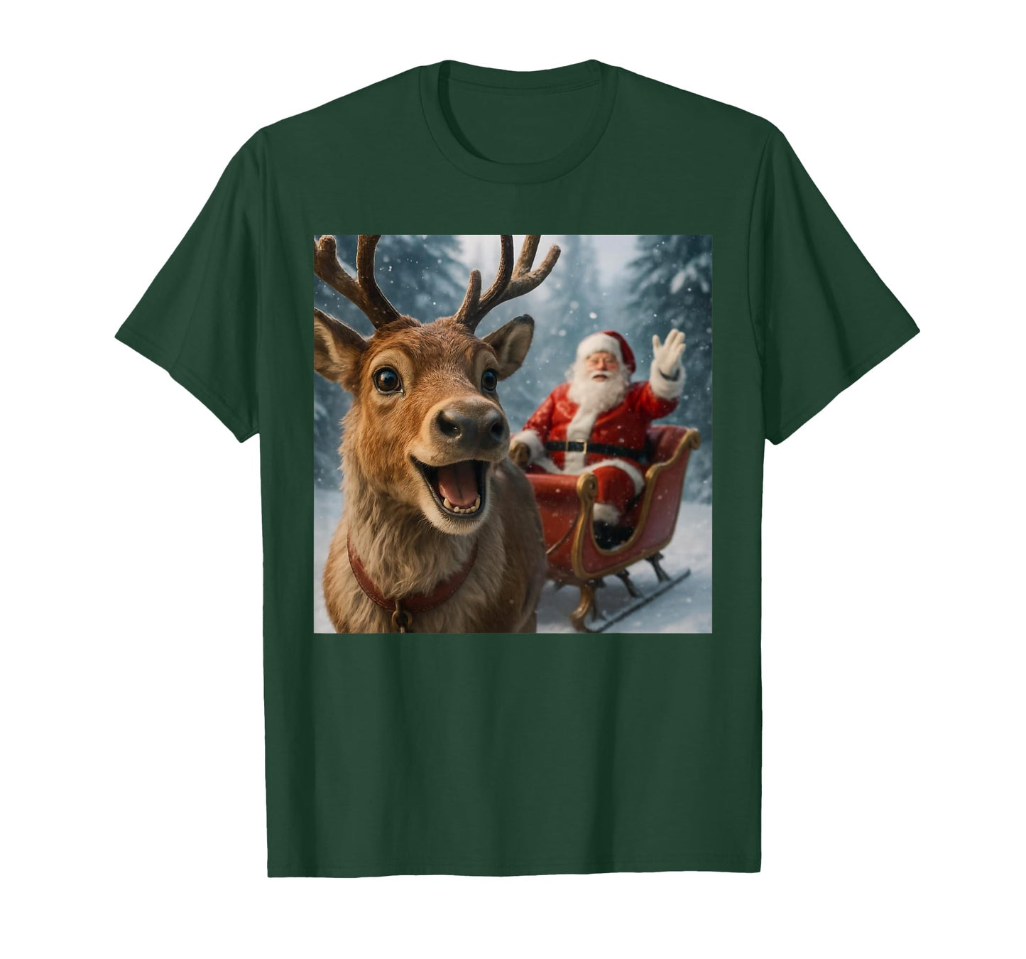 Funny Santa Claus in Sleigh with Reindeer Christmas Holiday T-Shirt