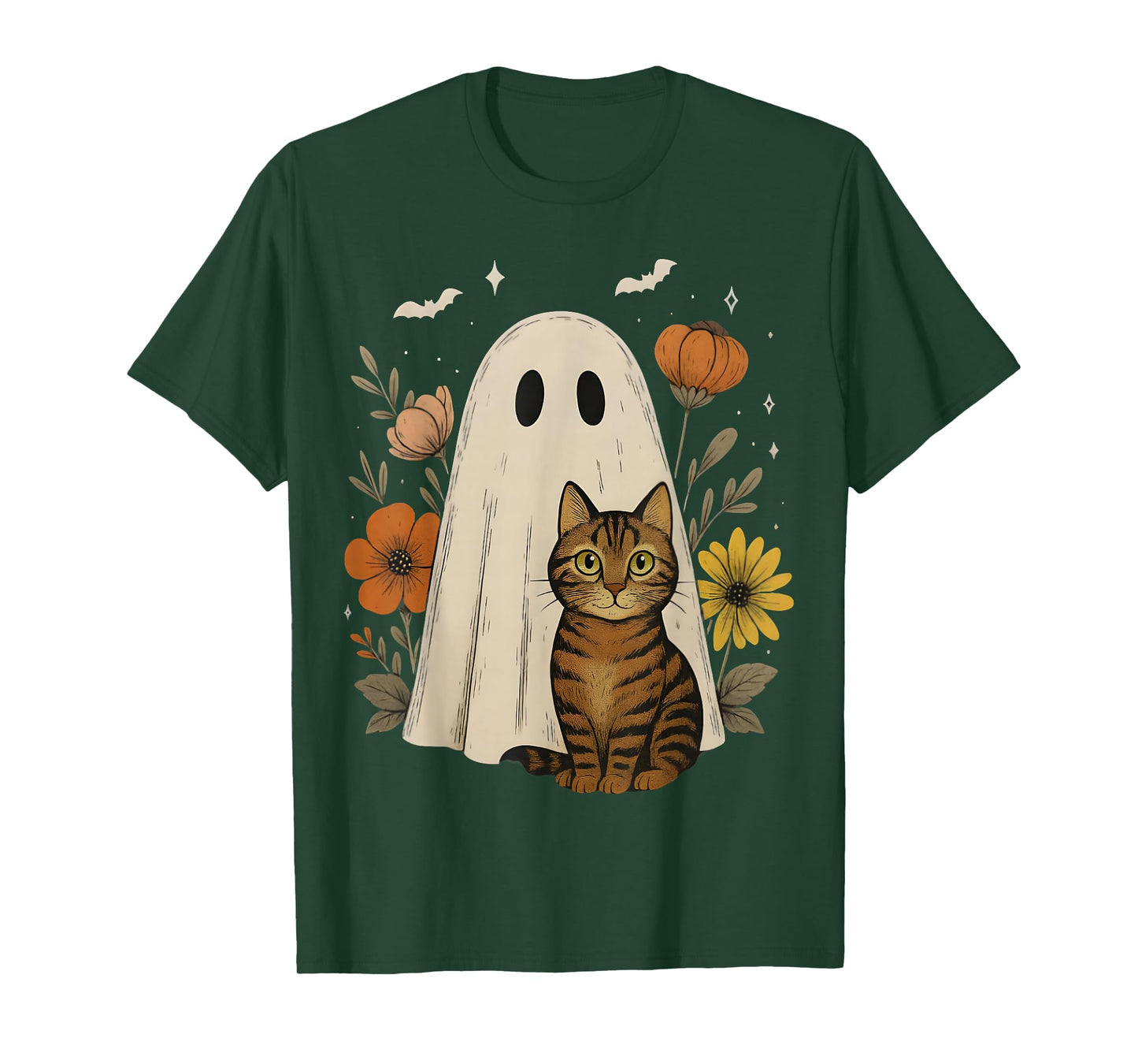 Vintage Halloween Ghost Tabby Cat Groovy Floral Funny Boo T-Shirt