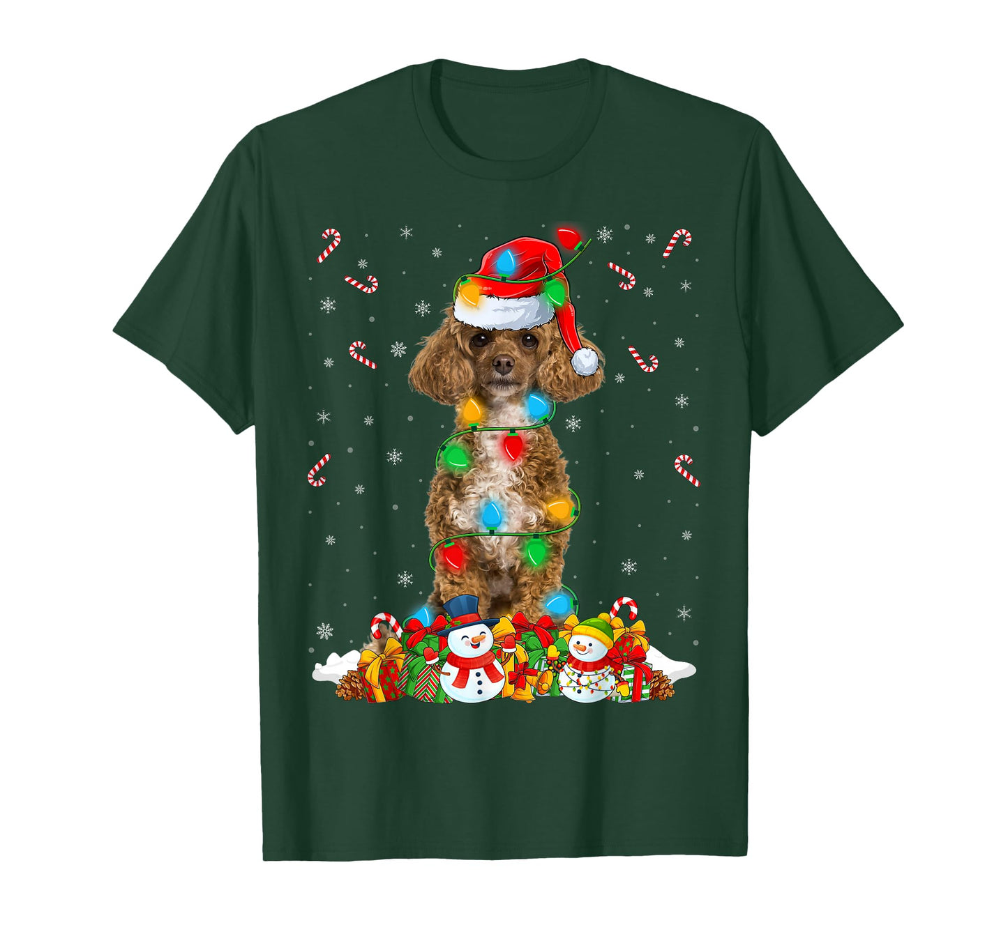 Poodle Dog Christmas Lights Funny Santa Hat Xmas T-Shirt