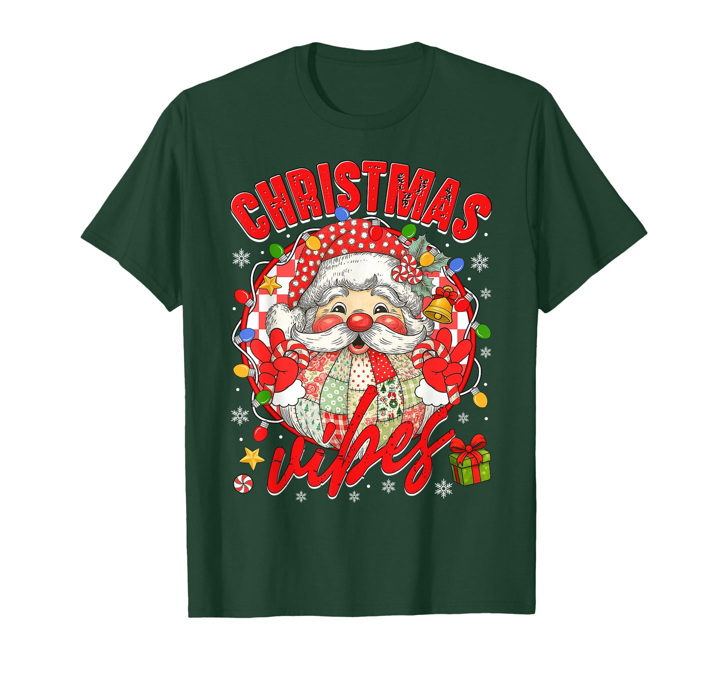 Vintage Patchwork Santa Claus Christmas Vibes Xmas Women Kid T-Shirt