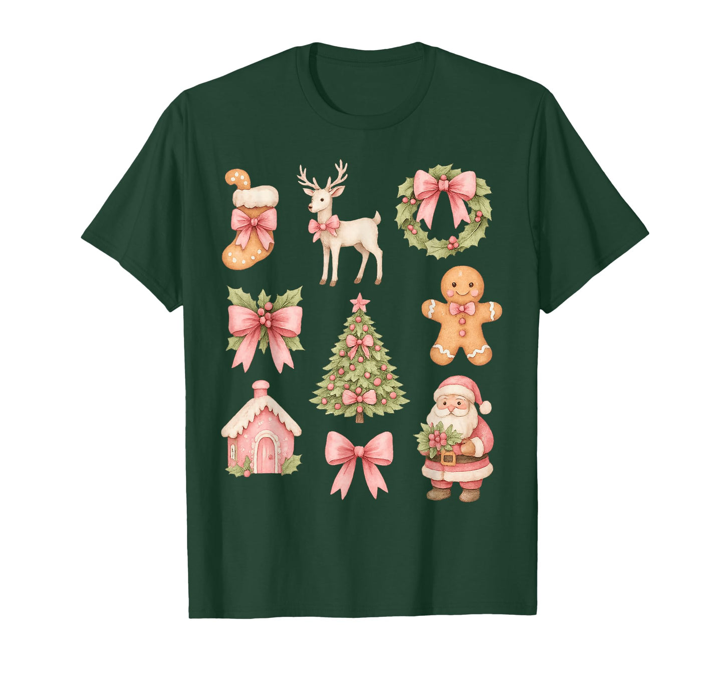 Preppy Coquette Bow Pink Christmas Tree Santa Gingerbread T-Shirt