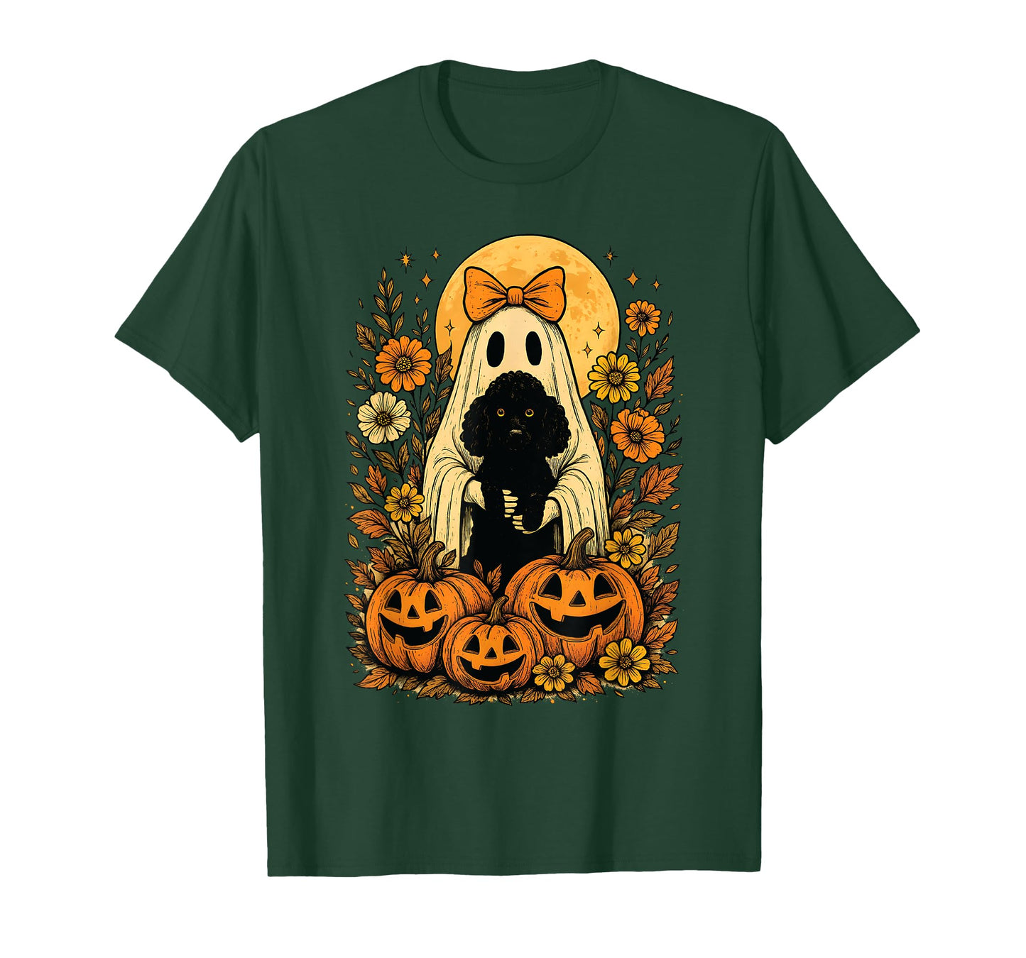 Vintage Halloween Ghost Holding Poodle Dog T-Shirt