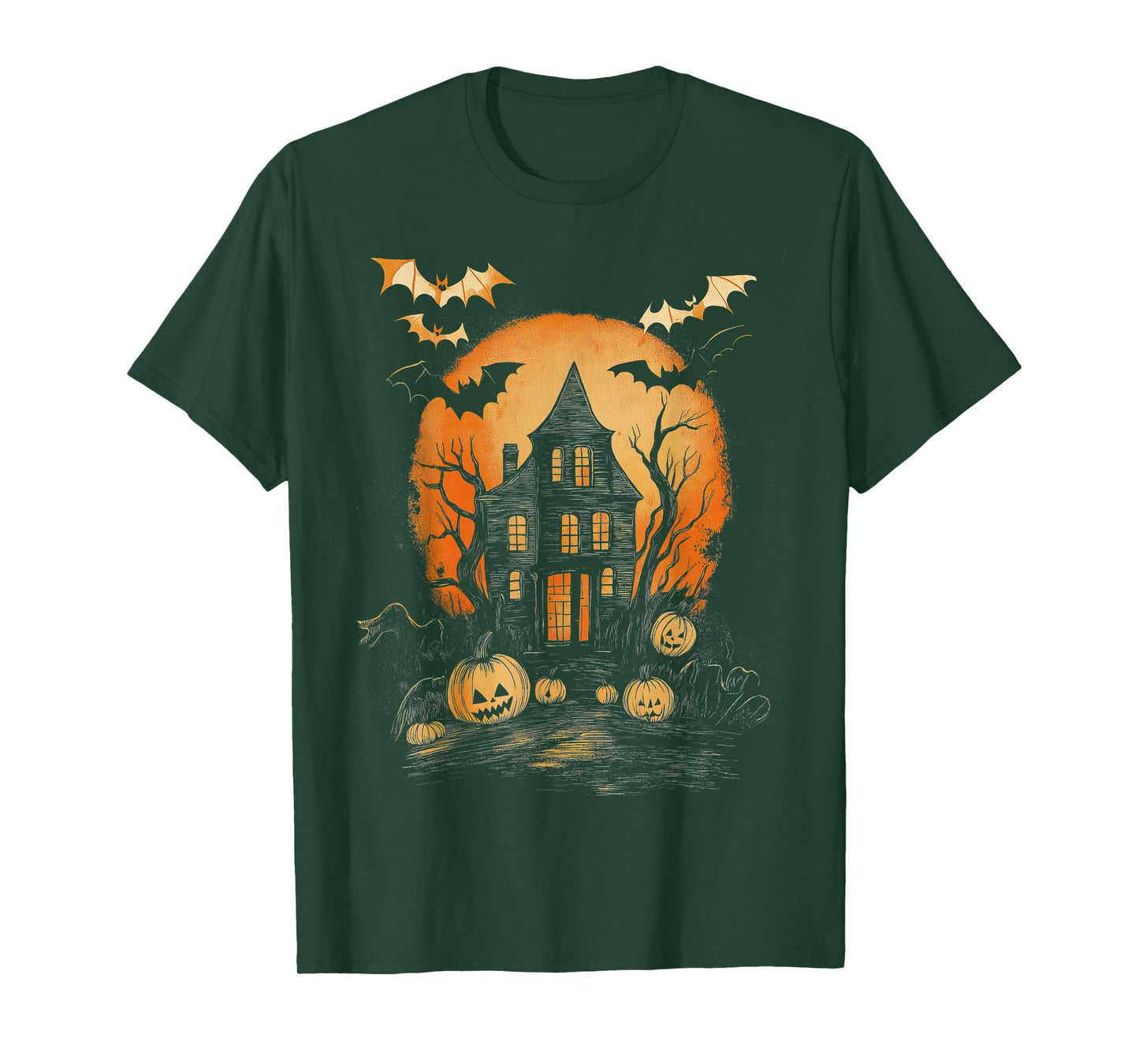 Vintage Spooky Halloween Hunted House Night Casual Graphic T-Shirt