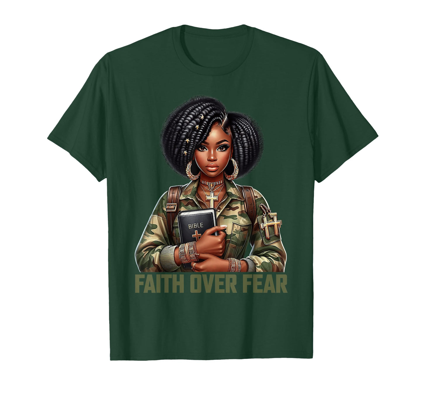 Faith Over Fear Christian Camo African American Afro Women T-Shirt
