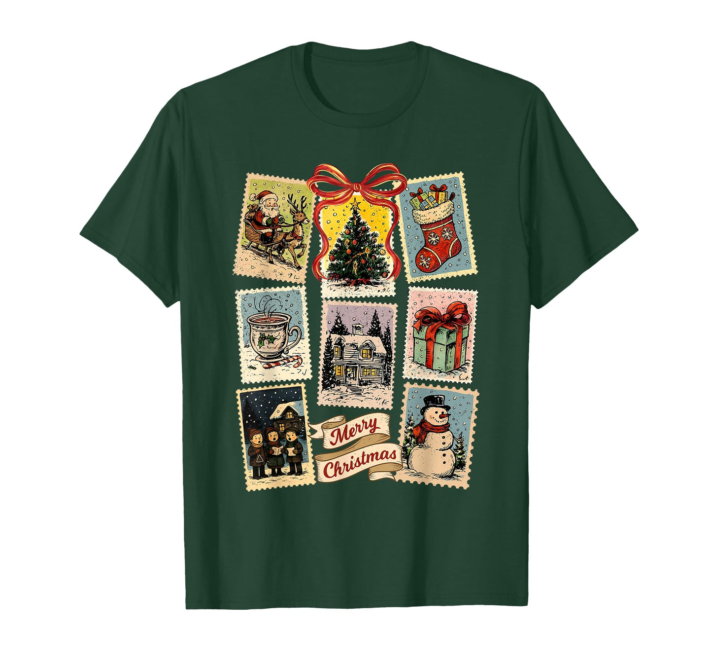 Vintage Retro Merry Christmas Stamps Santa Claus Xmas Tree T-Shirt