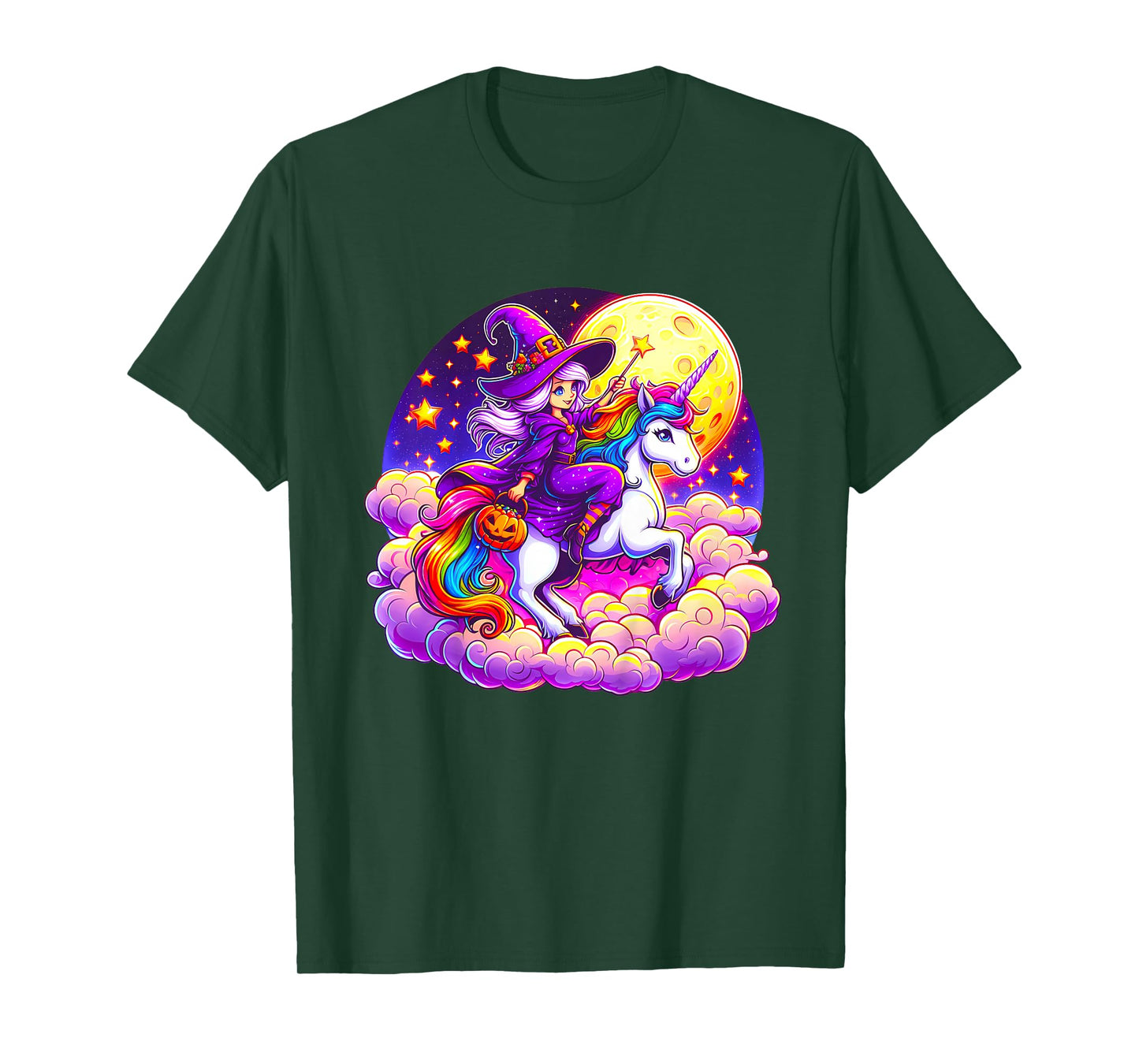Kids Cute Witch Riding a Unicorn Magical Rainbow Girls Halloween T-Shirt