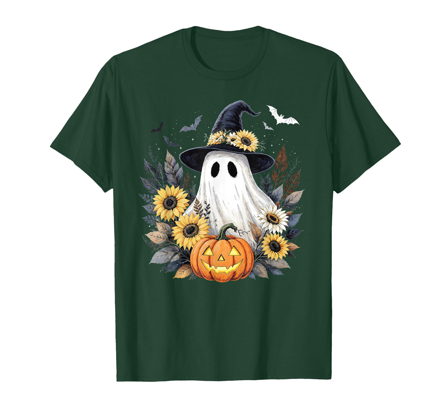 Cute Ghost Witch Hat Pumpkin Sunflower Womens Halloween T-Shirt
