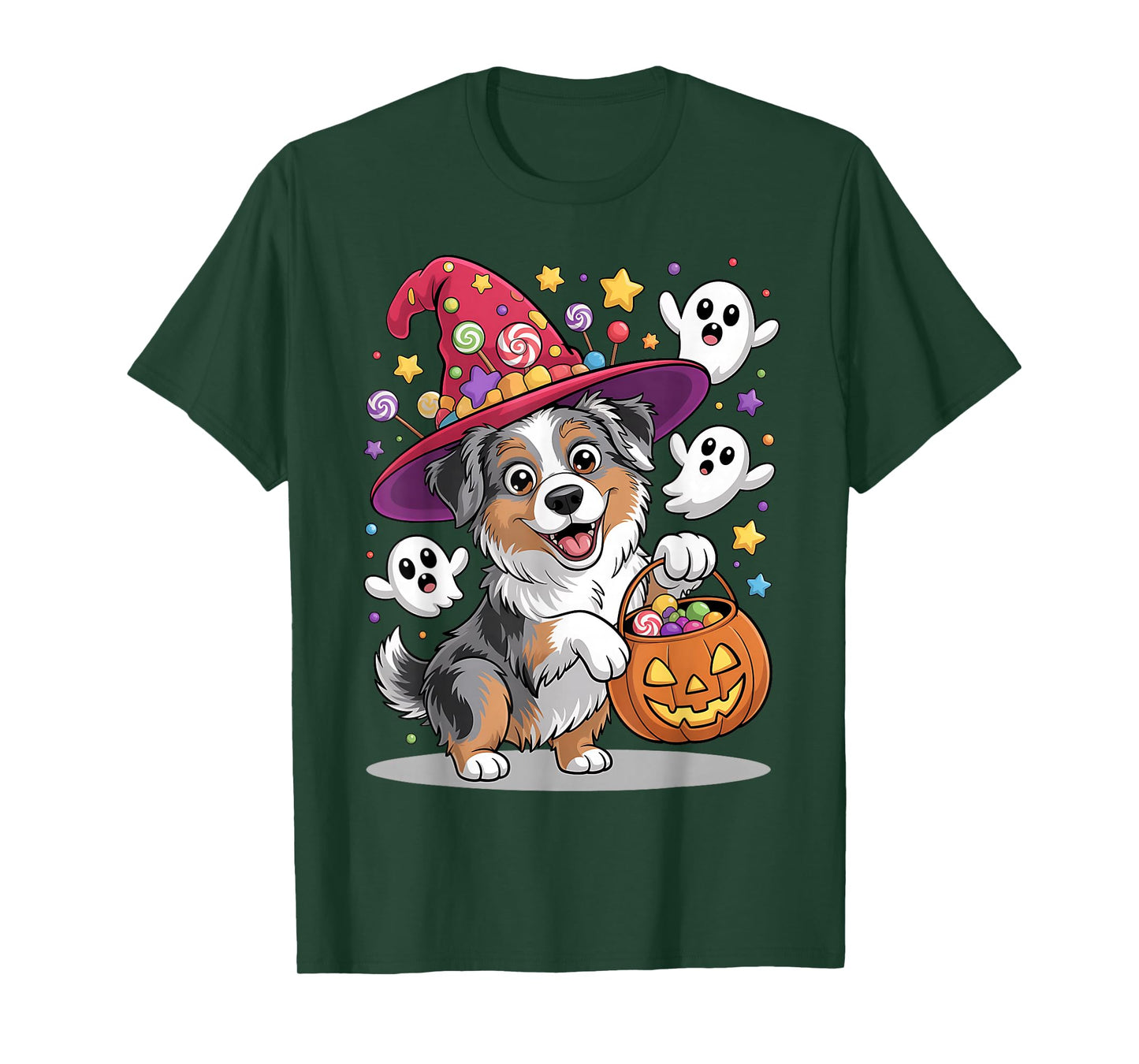 Australian Shepherd Dog Pumpkin Ghost Candy Witch Halloween T-Shirt