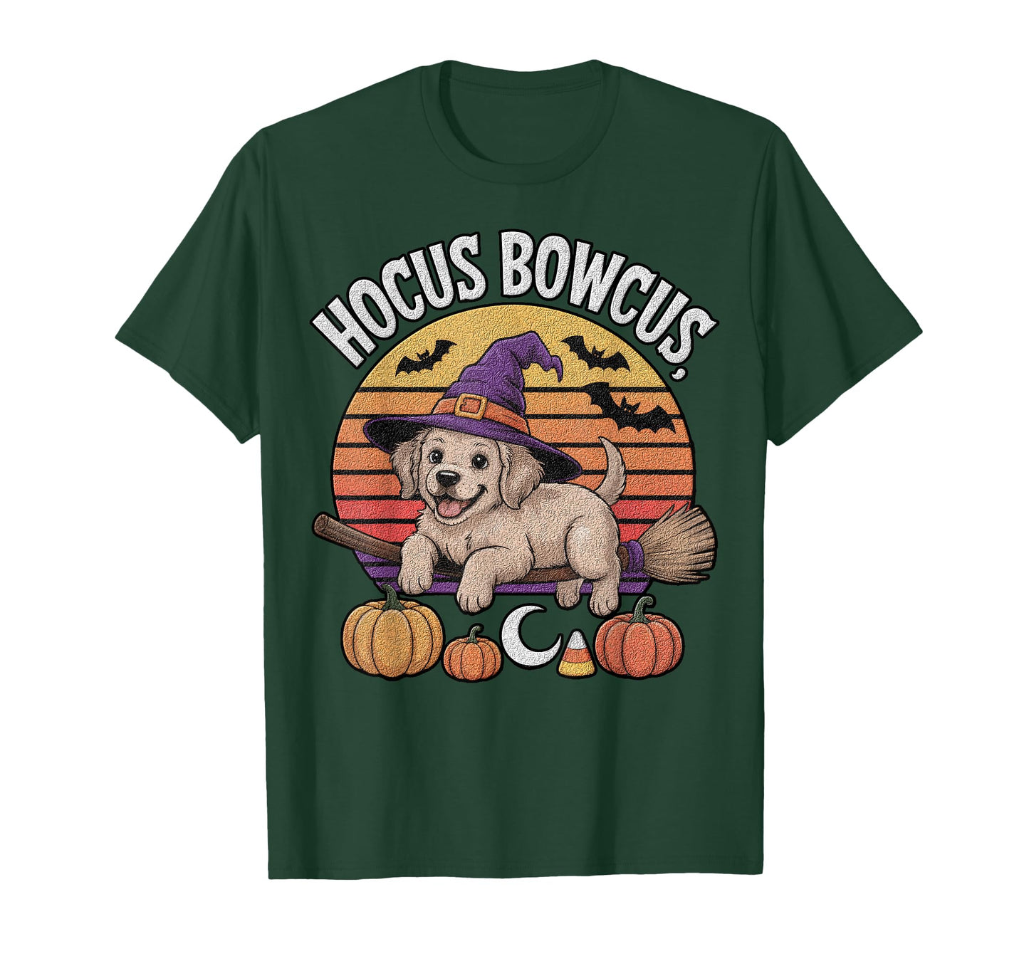 Hocus Bowcus Golden Retriever Puppy Witch Hat Bat Halloween T-Shirt