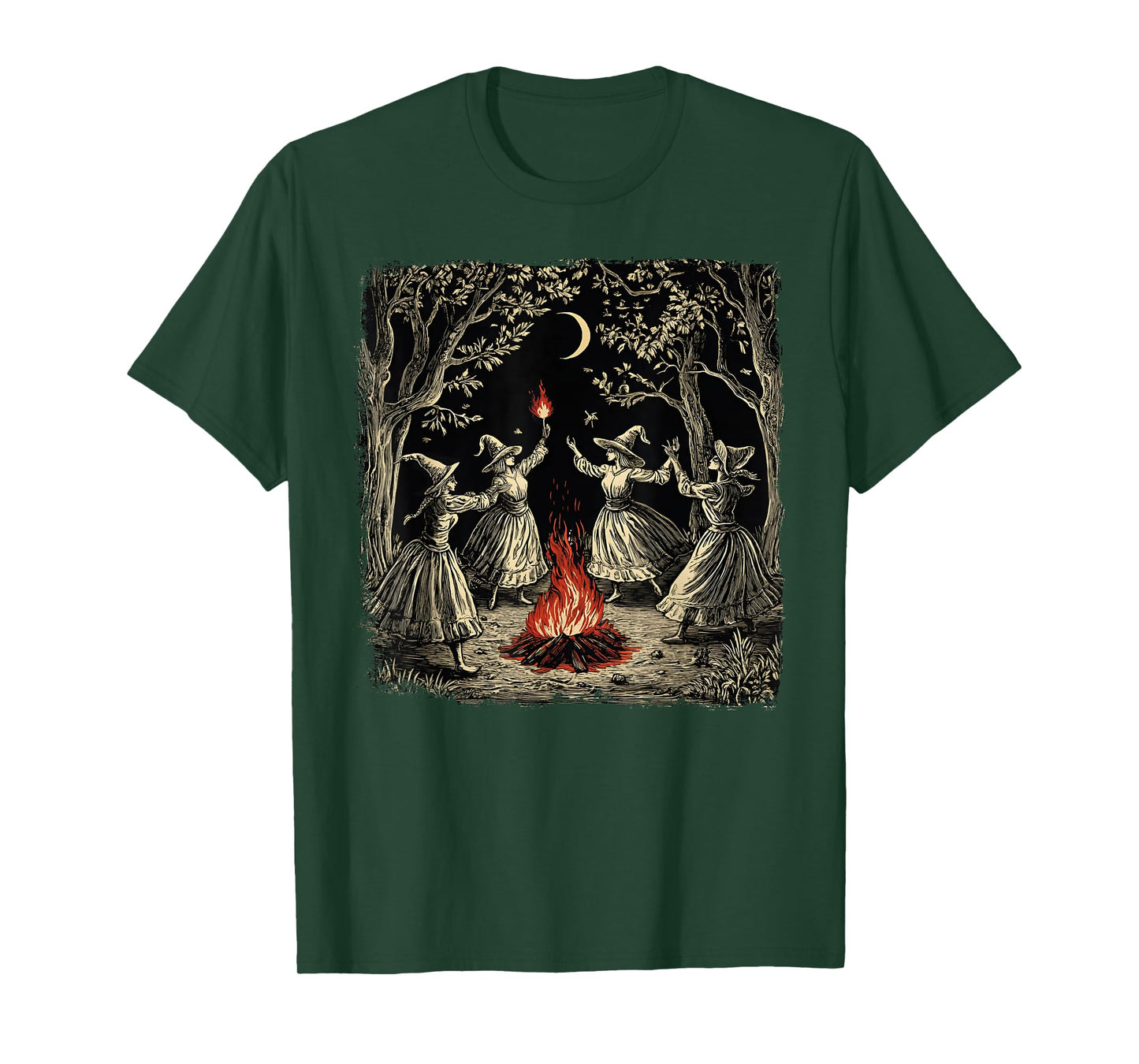 Vintage Witch Coven Dancing Around Bonfire Halloween Witches T-Shirt
