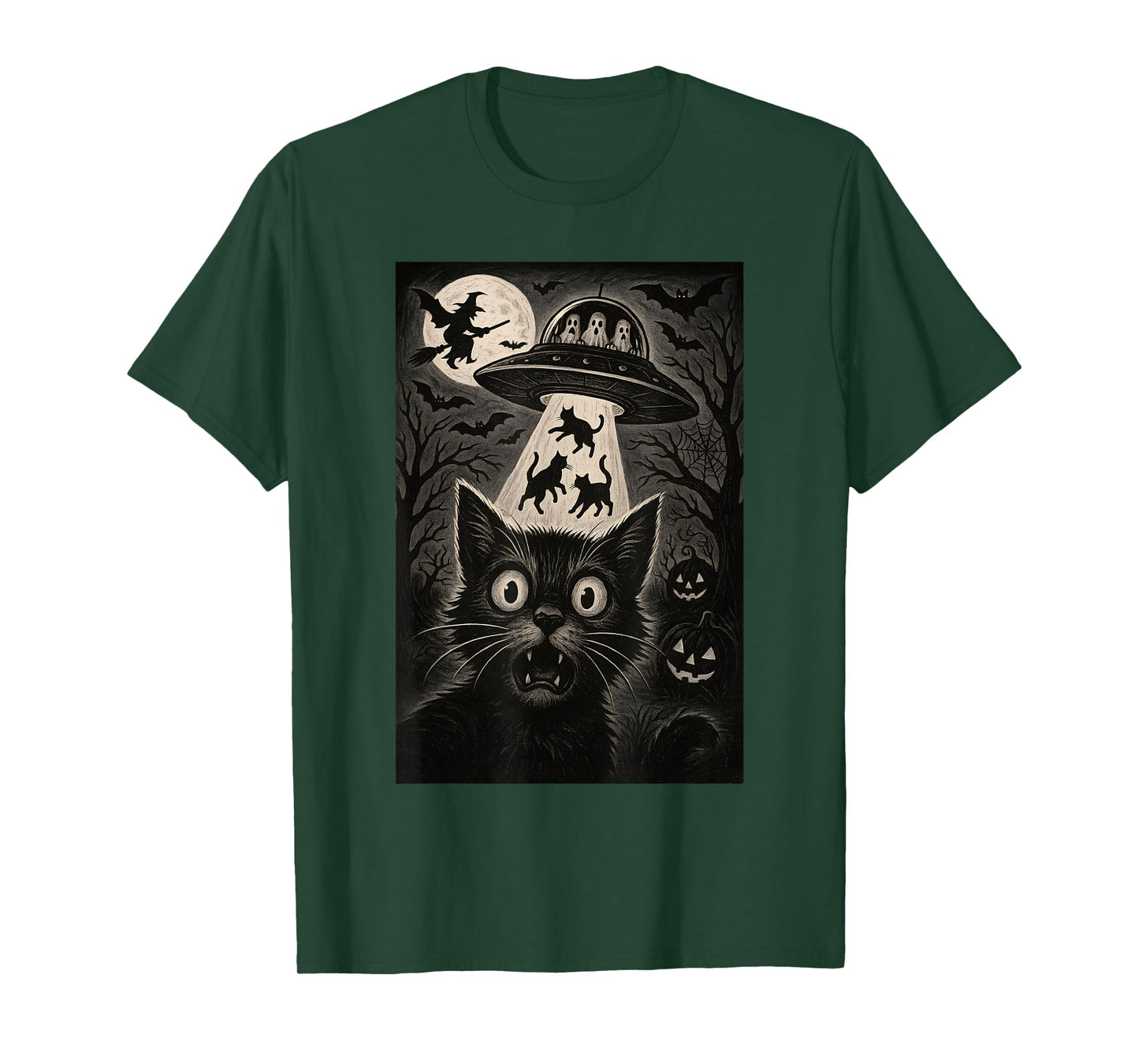 Halloween Cat Selfie Scary Alien Abduction Cats UFO Flying T-Shirt