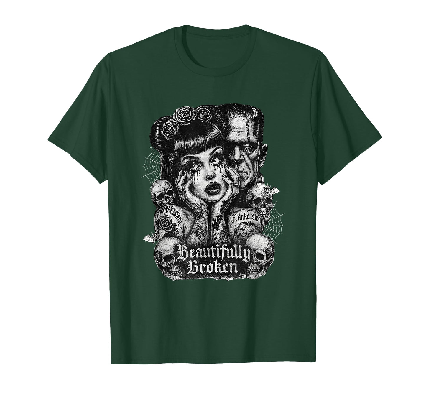 Floral Monster Frankenstein and Bride Beautifully Broken T-Shirt