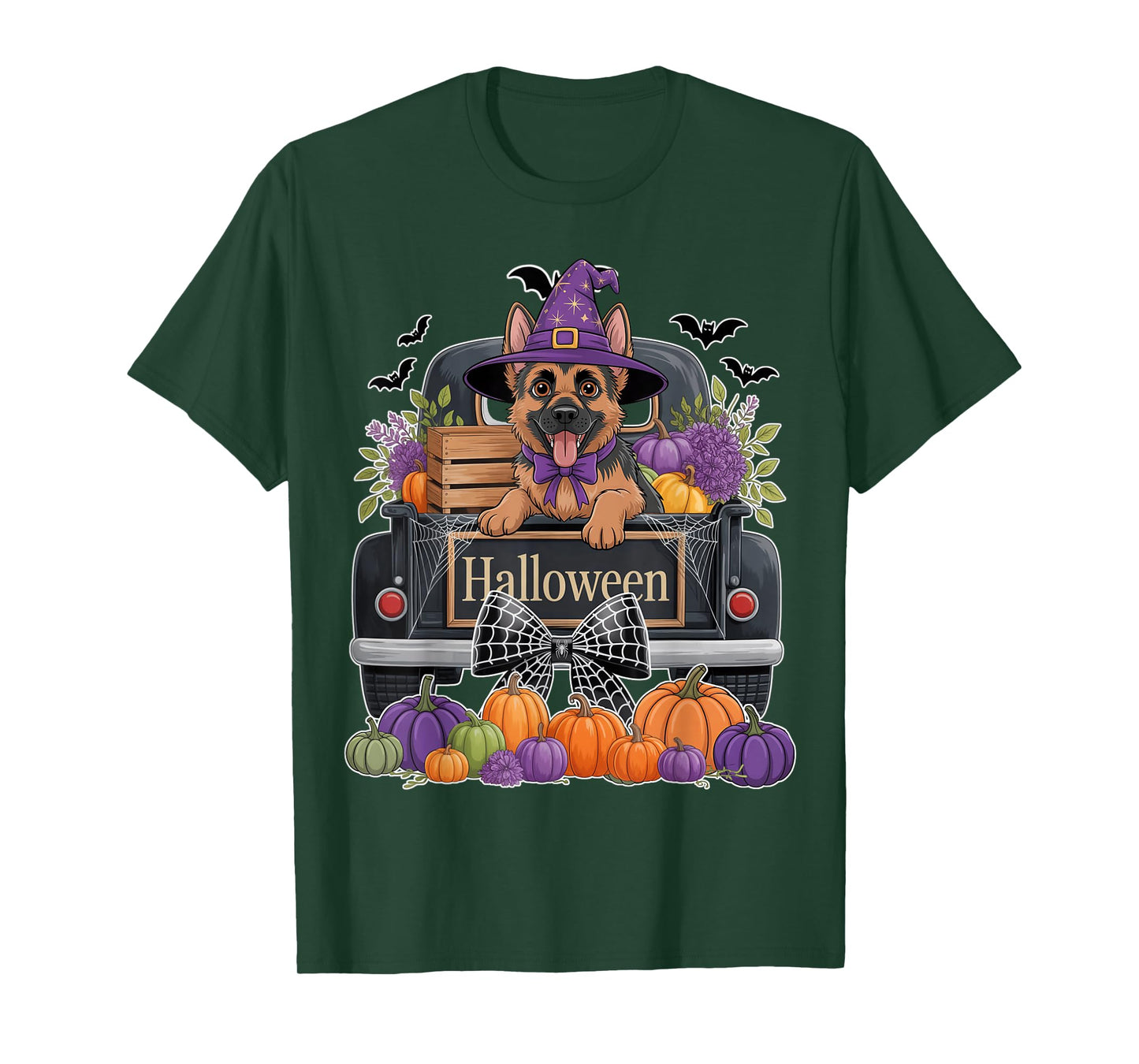 German Shepherd Witch Hat Truck Pumpkin Dog Lovers Halloween T-Shirt
