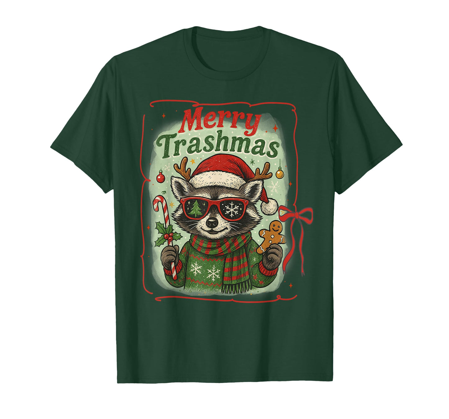 Vintage Raccoon Santa Hat Merry Trashmas Christmas Bow Xmas T-Shirt