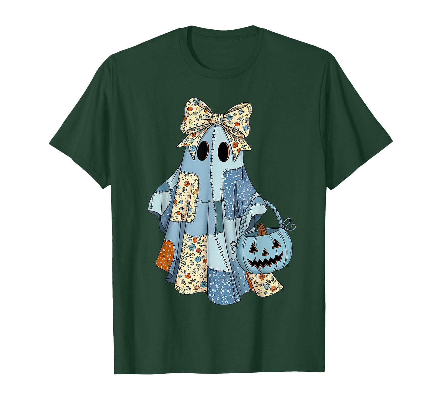 Retro Blue Denim Ghost Floral Patchwork Cute Boo Halloween T-Shirt
