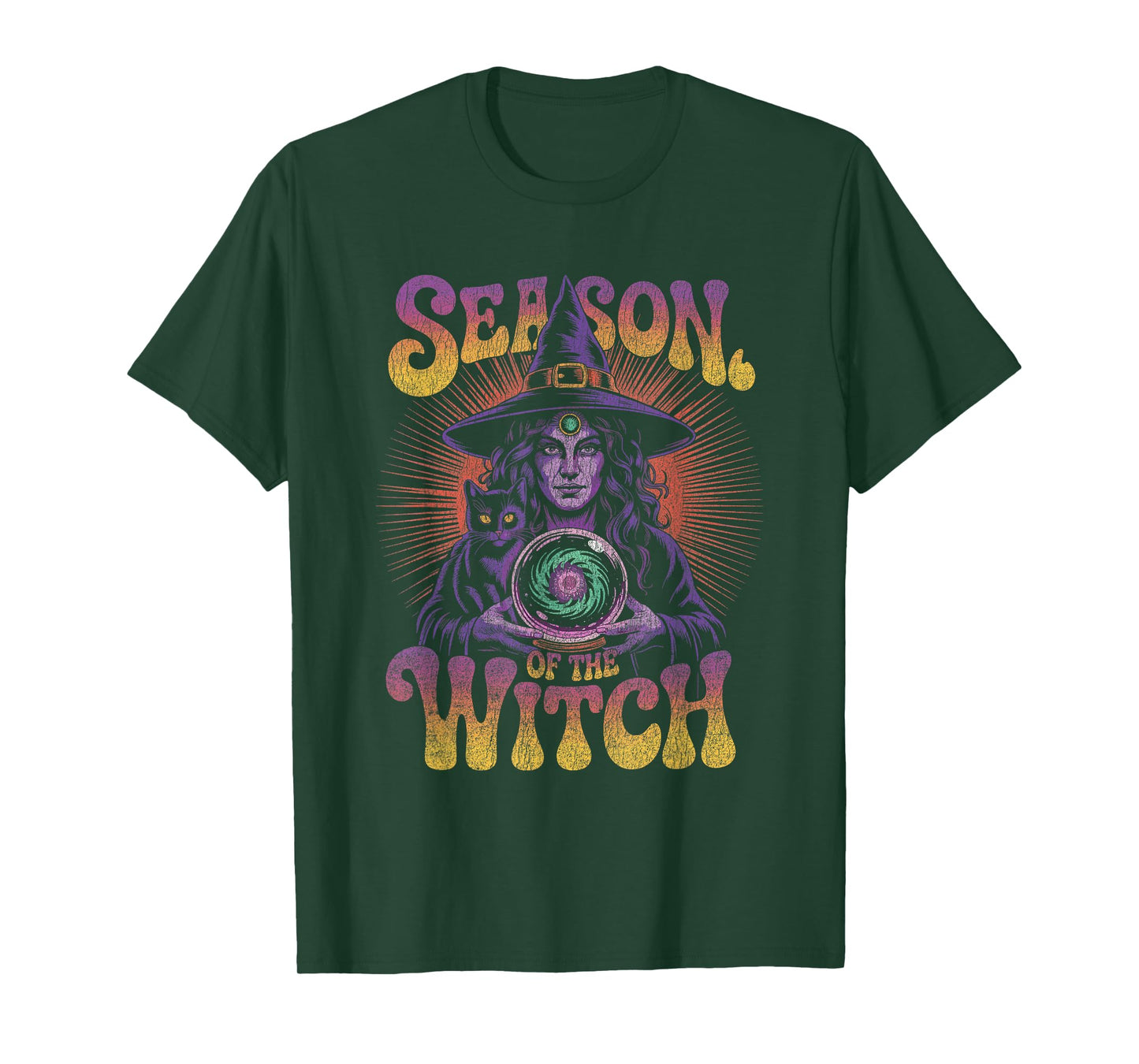 Witch with Crystal Ball and Cat Radiating Cosmic Power T-Shirt