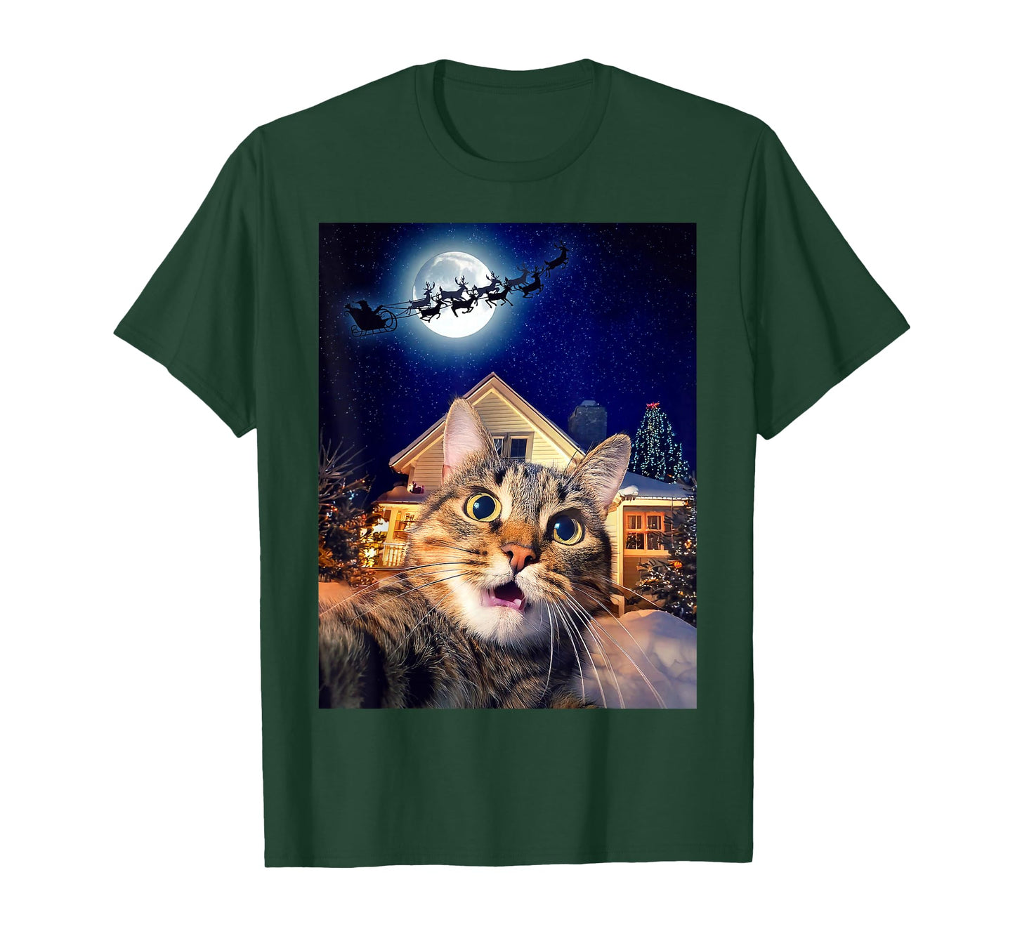 Cat Selfie with Santa, Reindeer, and Sleigh Funny Christmas T-Shirt