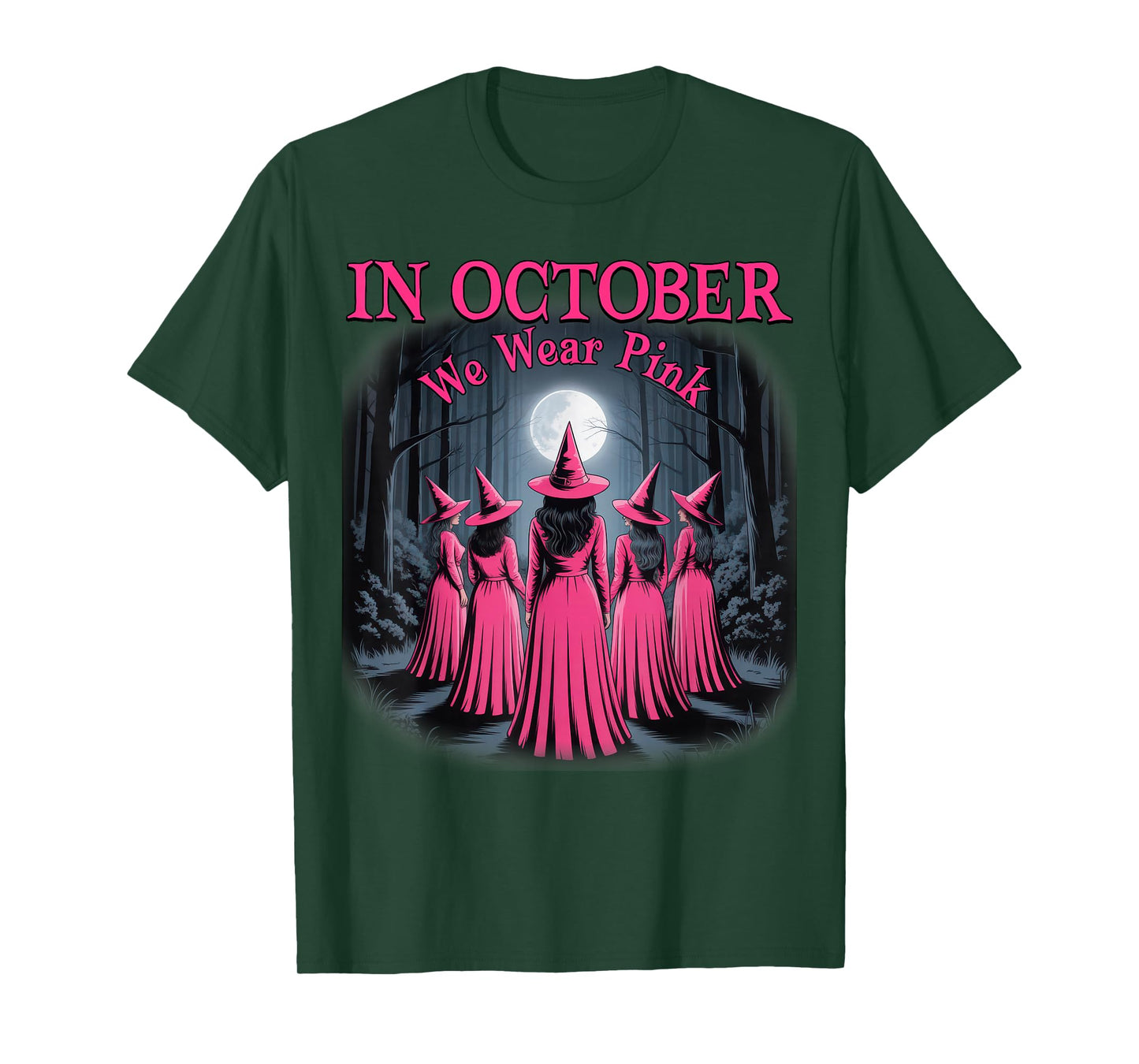 in October We Wear Pink Witch Halloween Breast Cancer Women T-Shirt