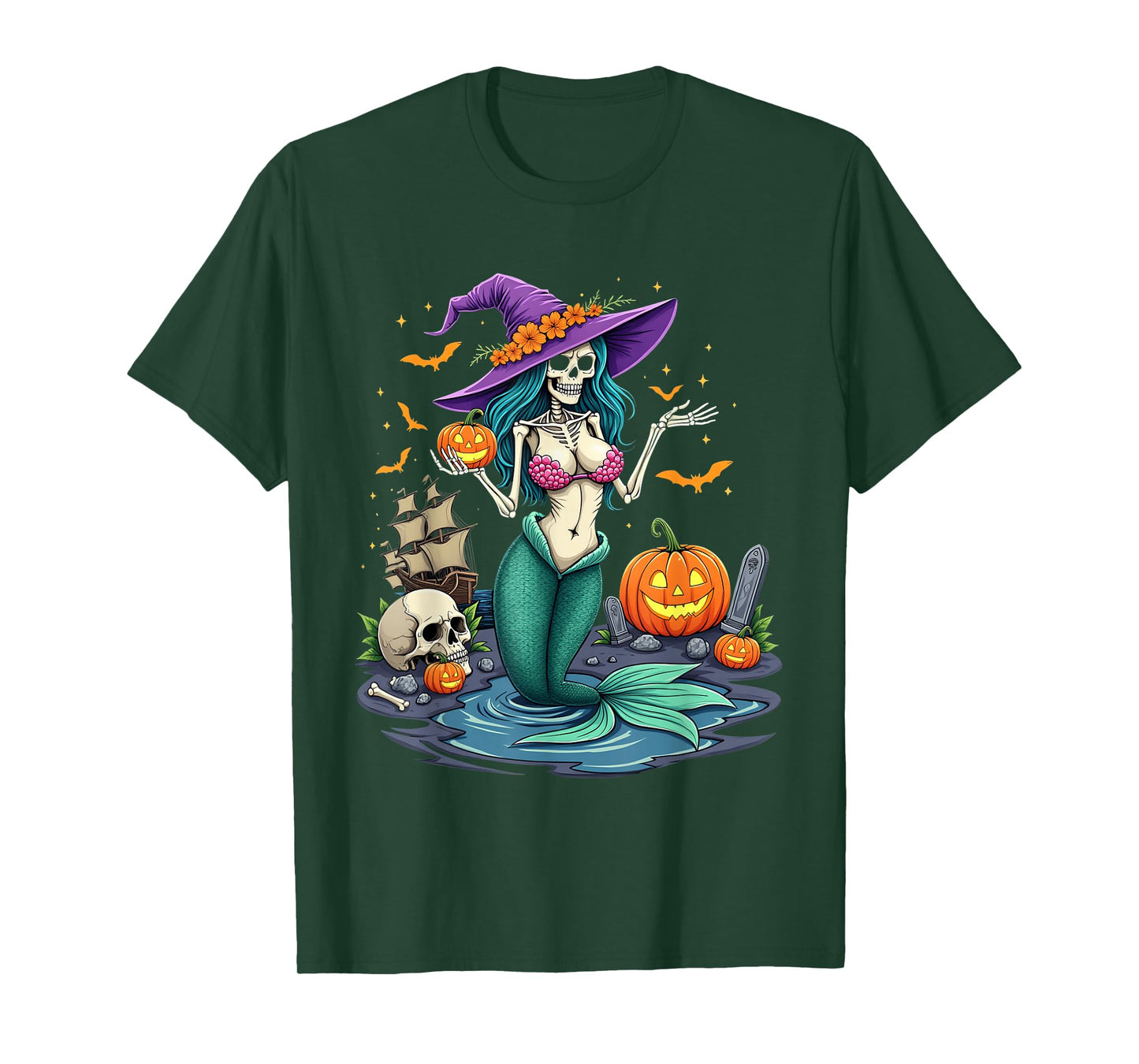 Skeleton Mermaid Witch Pumpkin Ship Halloween T-Shirt
