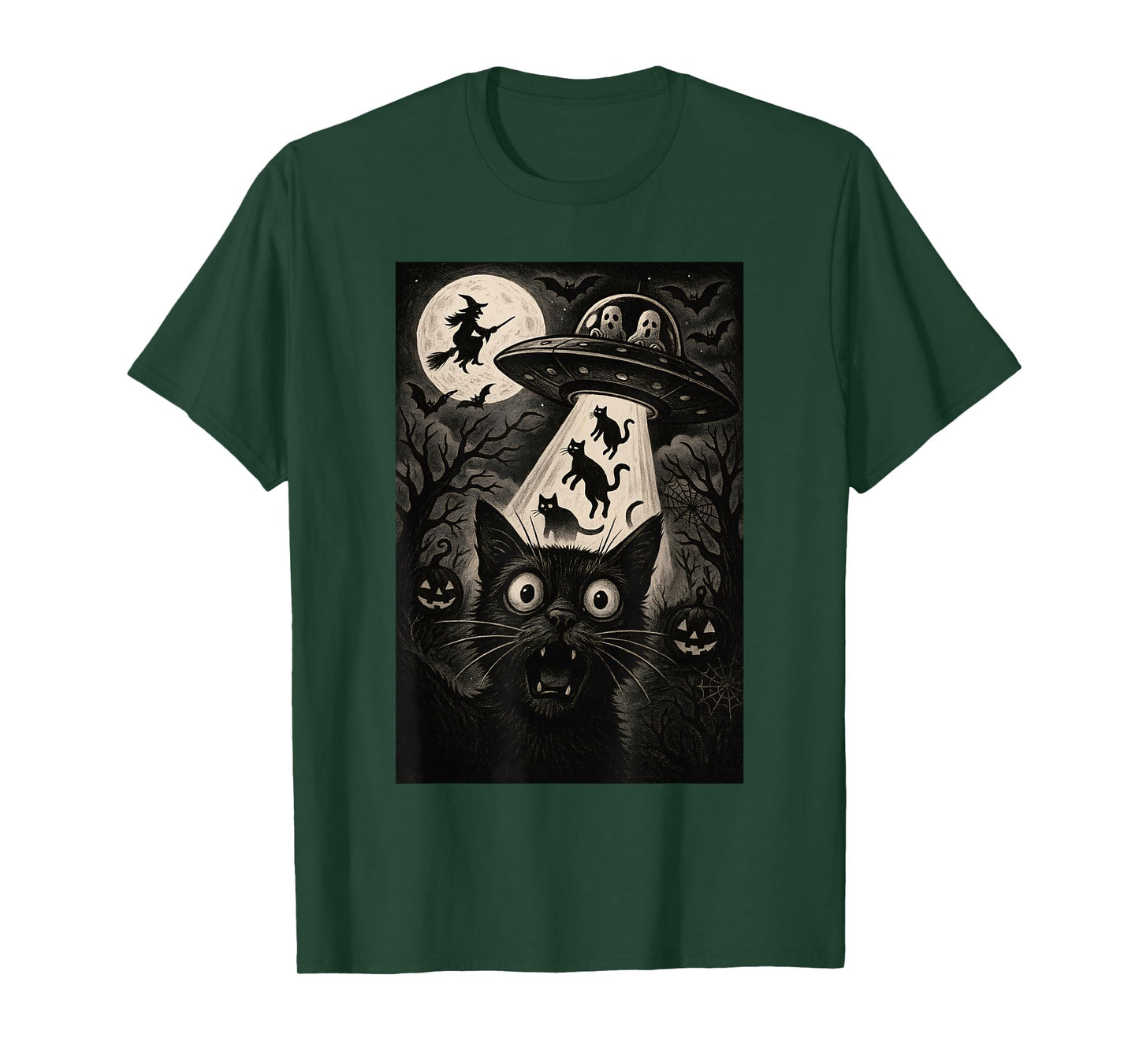 Halloween Cat Selfie Scary Alien Abduction Cats UFO Flying T-Shirt