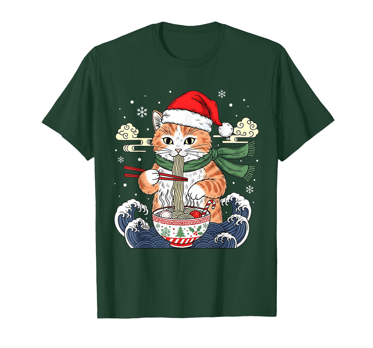 Funny Christmas Ramen Cat Eating Noodles Japanese Kawaii Cat T-Shirt