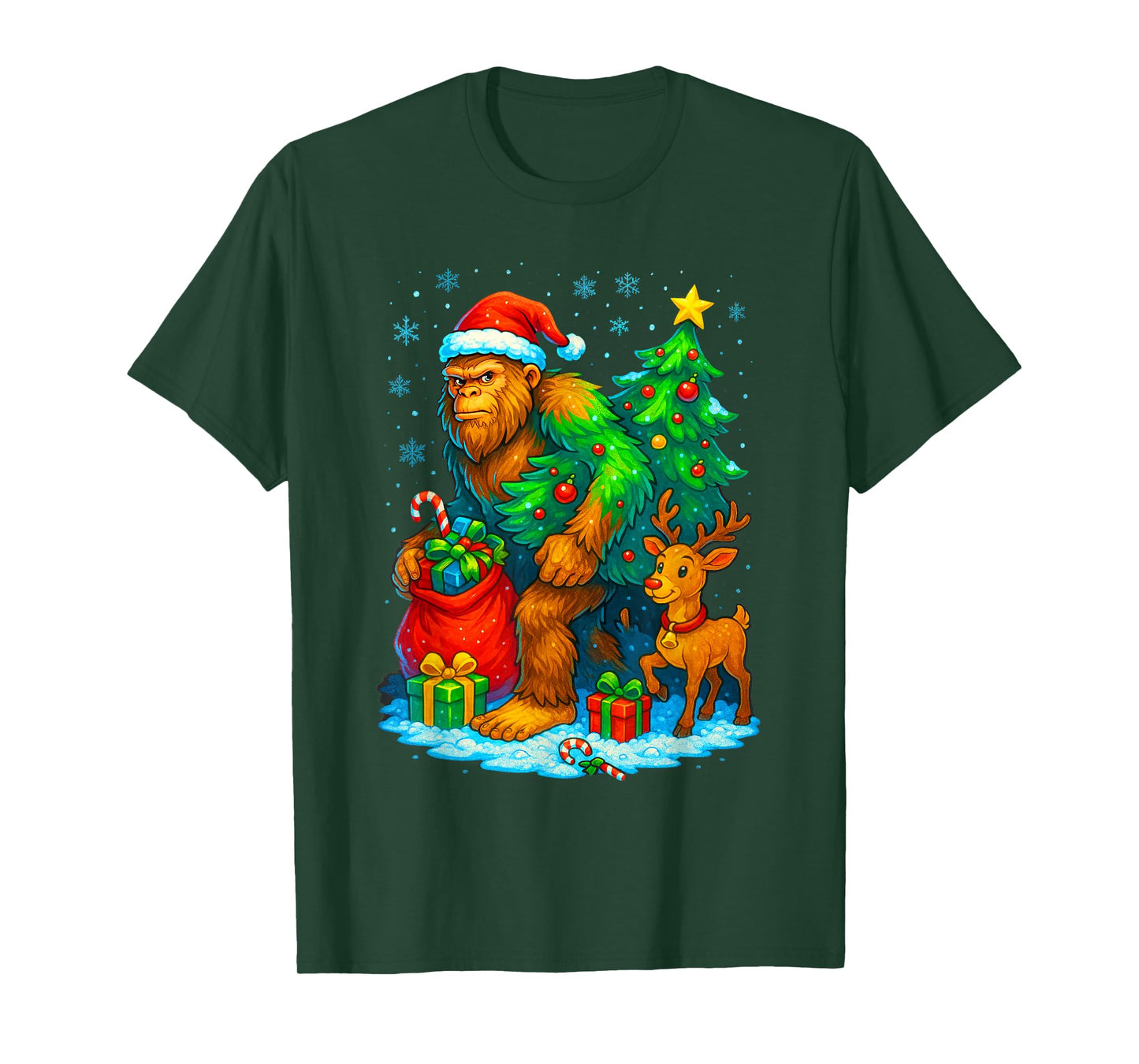 Santa Bigfoot Christmas Tree Reindeer Funny Sasquatch T-Shirt