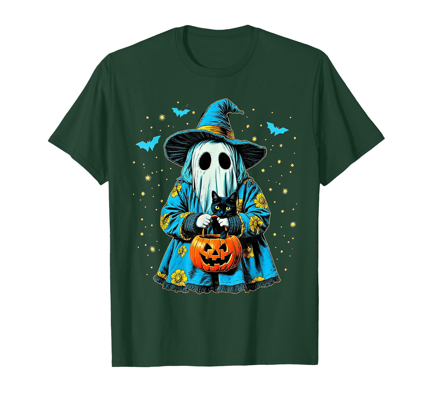 Ghost Holding Black Cat Lover Halloween 2025 Groovy Floral T-Shirt