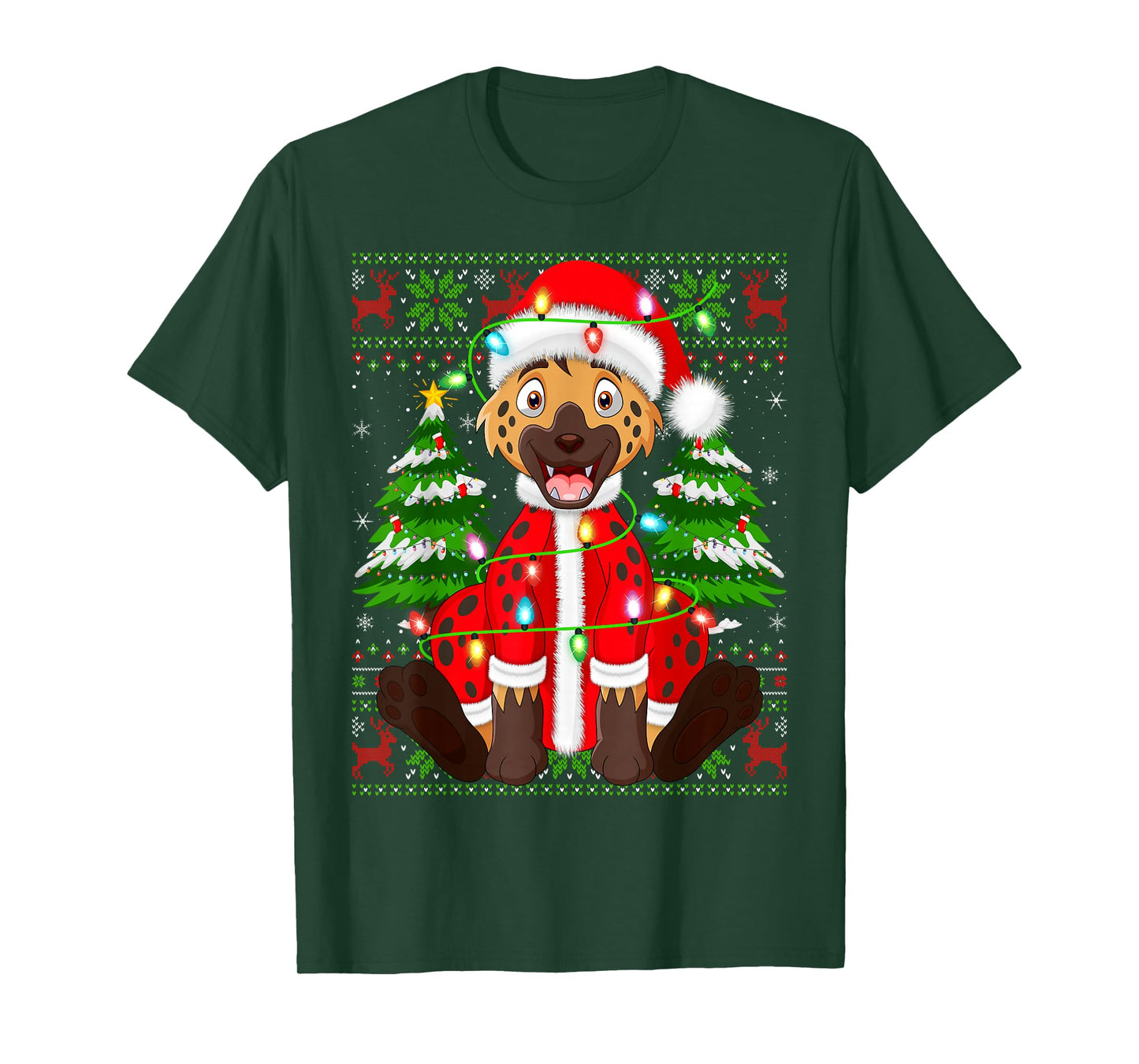 Funny Hyena Christmas Lights Santa Costume Ugly Xmas Sweater T-Shirt