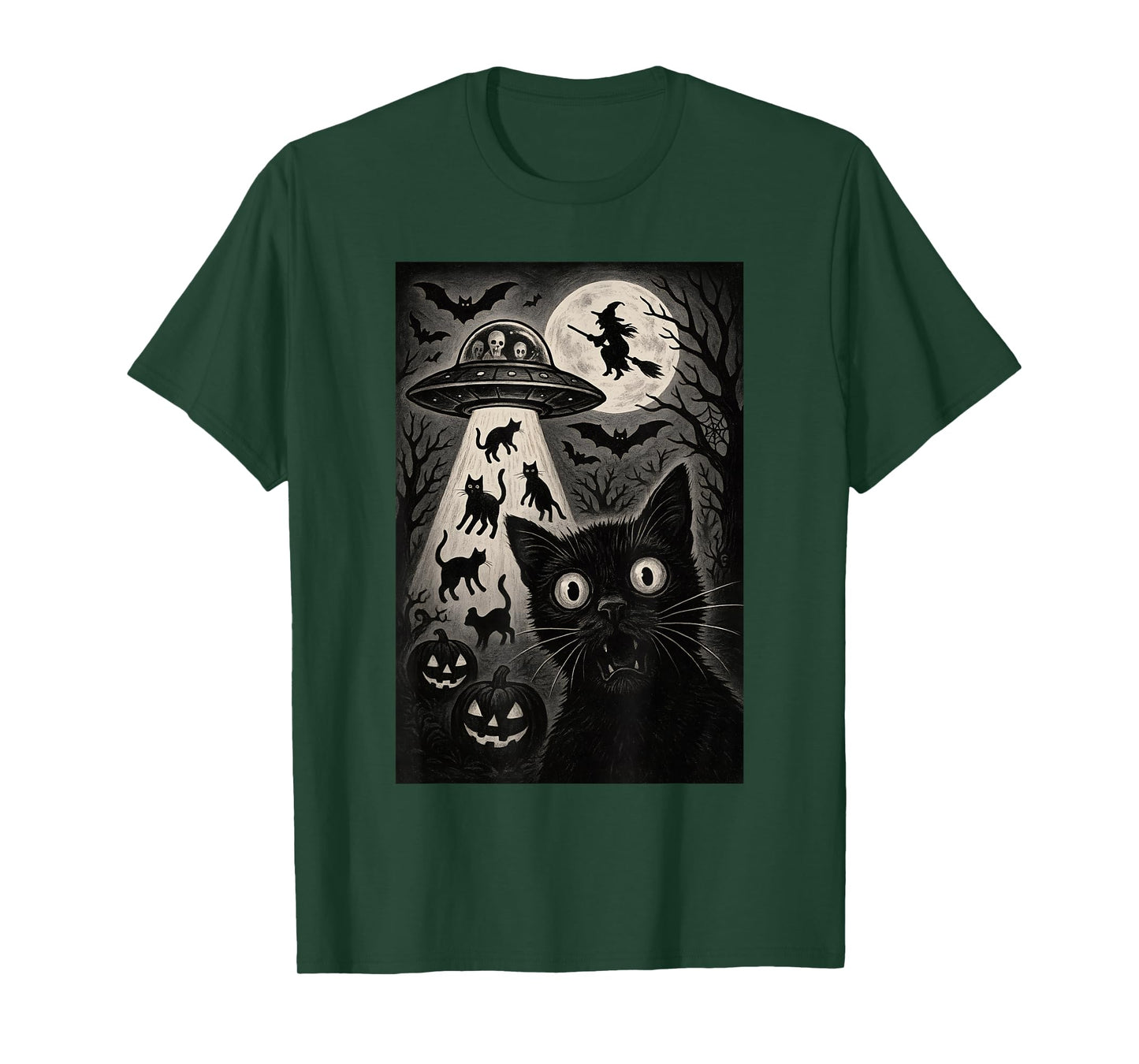 Halloween Cat Selfie Spooky Night Alien Abduction Cats UFO T-Shirt
