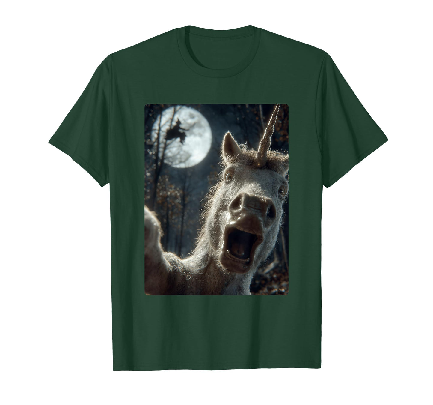 Funny Unicorn Selfie Full Moon Flying Witch Forest Halloween T-Shirt