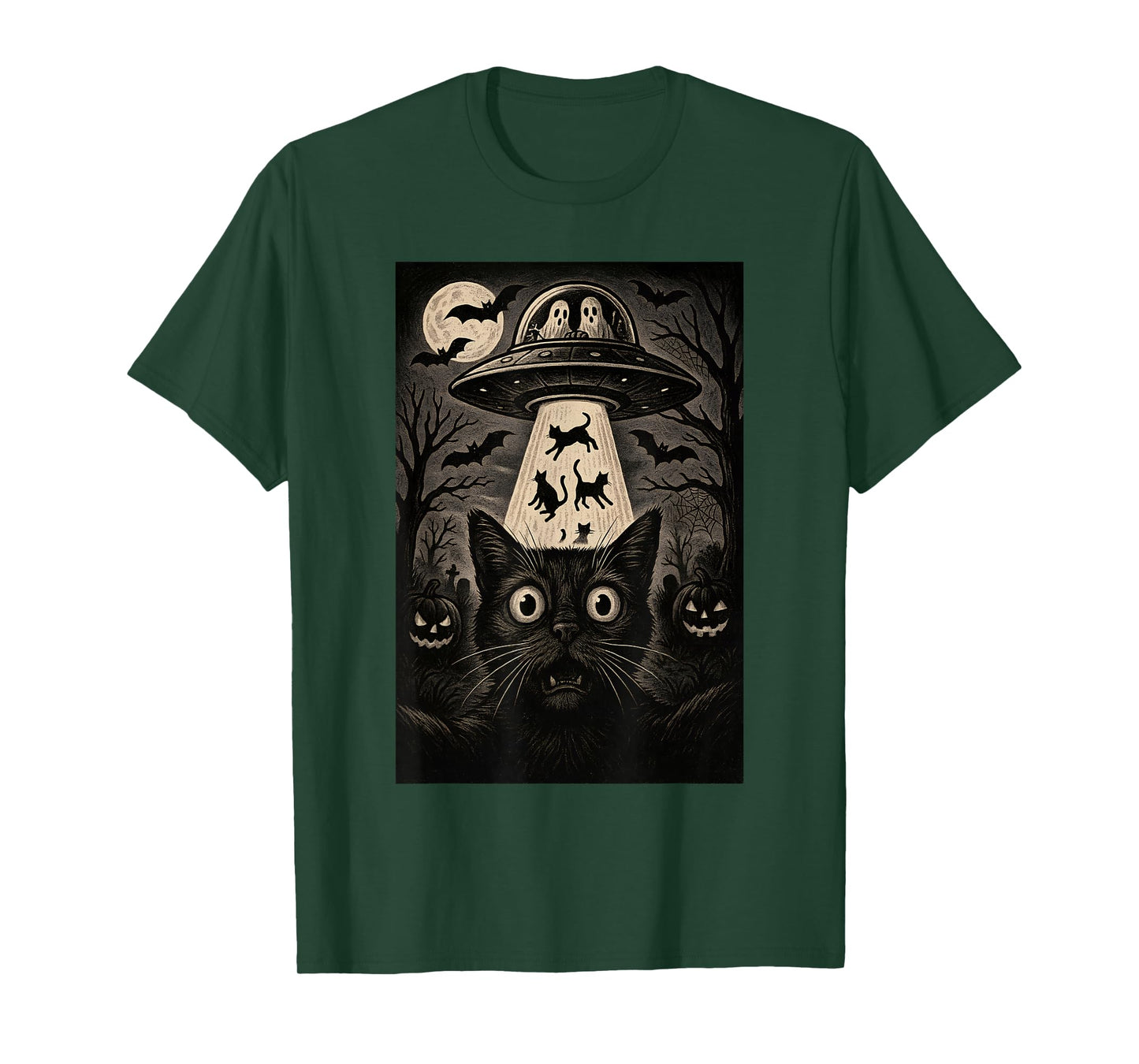 Halloween Cat Selfie Spooky Night Alien Abduction Cats UFO T-Shirt