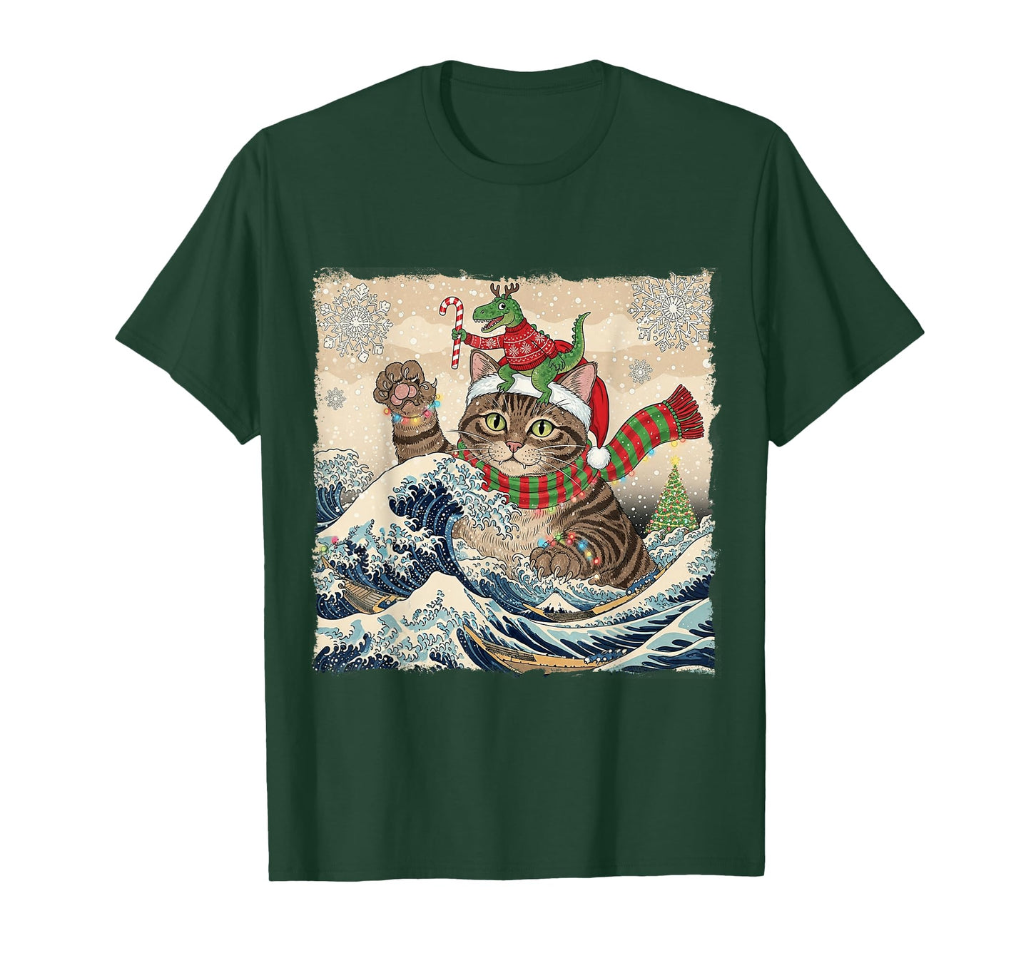 Catzilla Christmas with Cute Dino Cat Funny Holiday Wave T-Shirt