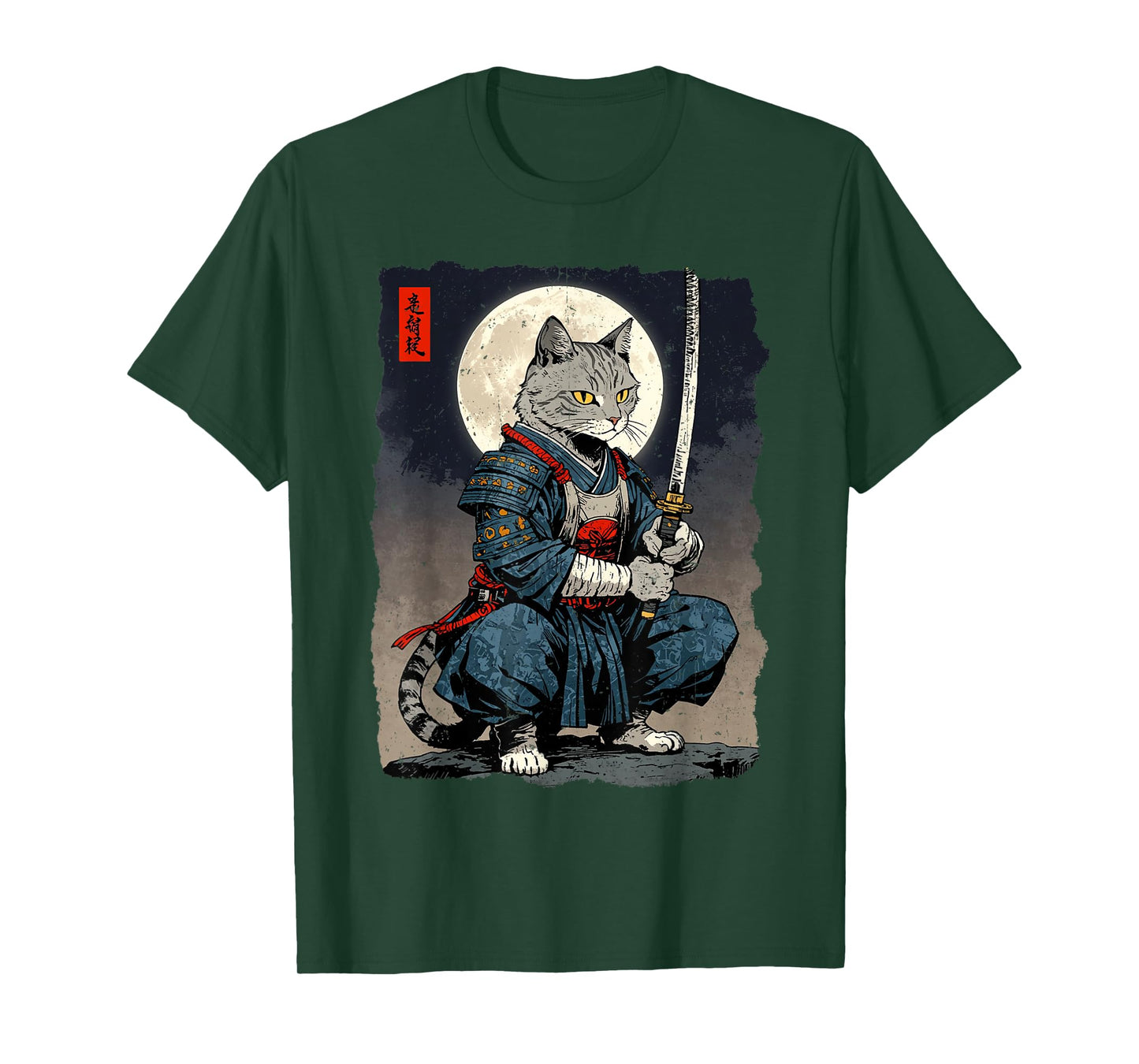Samurai Cat Japanese Retro Fighter Cat Moon Ukiyo-e Warrior T-Shirt
