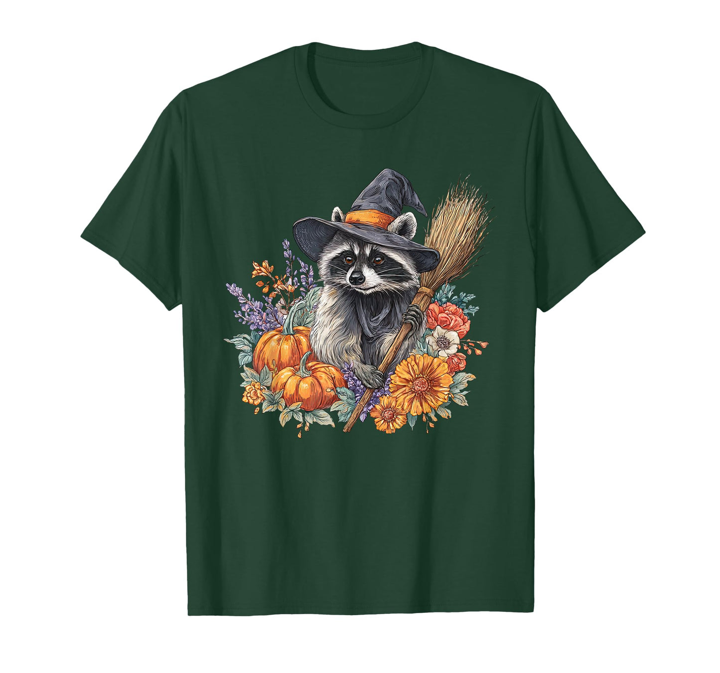 Witchy Raccoon Fall Pumpkin Floral Feral Witch Halloween T-Shirt