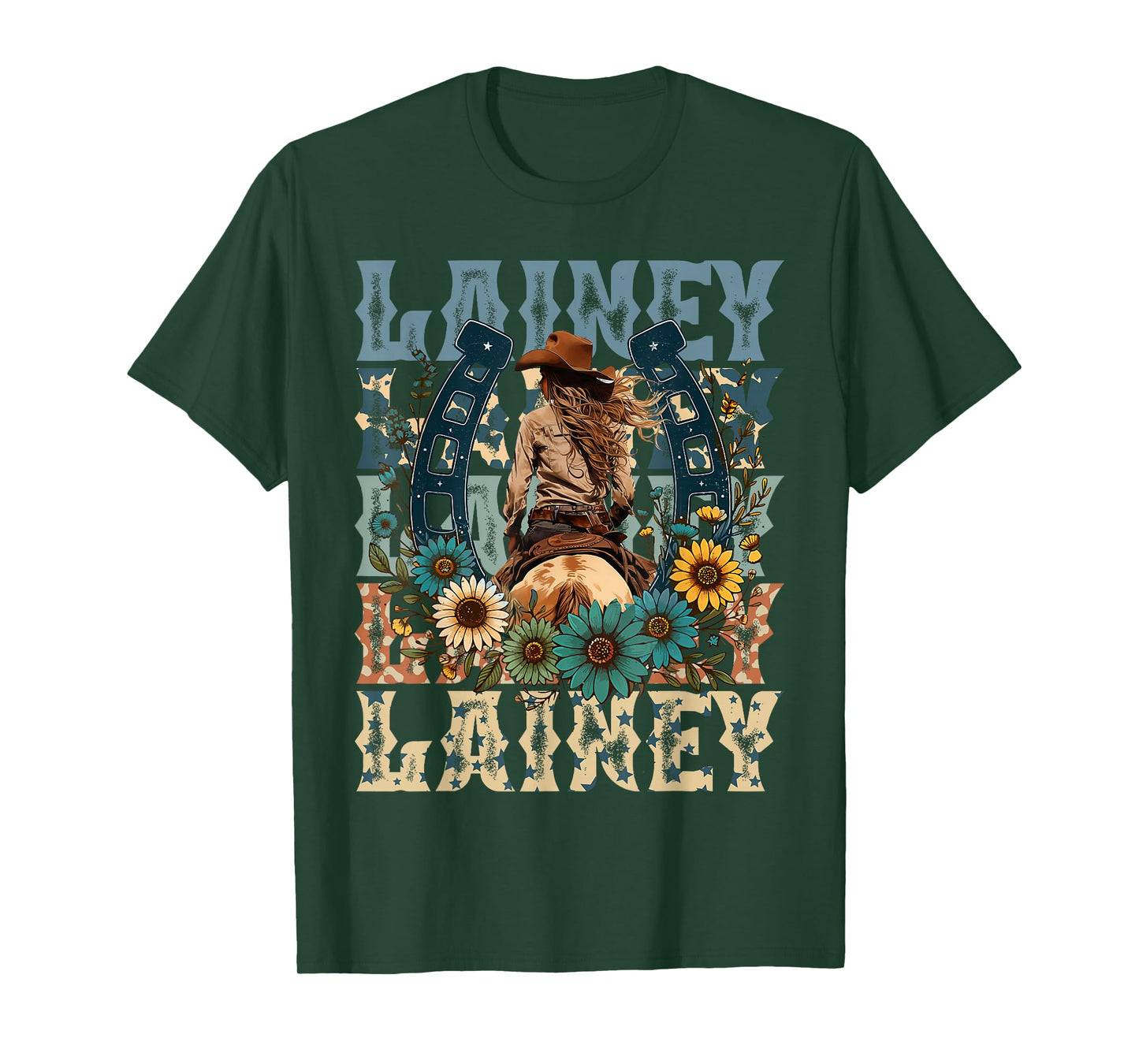 Cowgirl Lainey First Name Personalized Western T-Shirt - Unisex-Adults, Kids - Black - Small - Short Sleeve - T-Shirt - Animal Print Fabric Blend