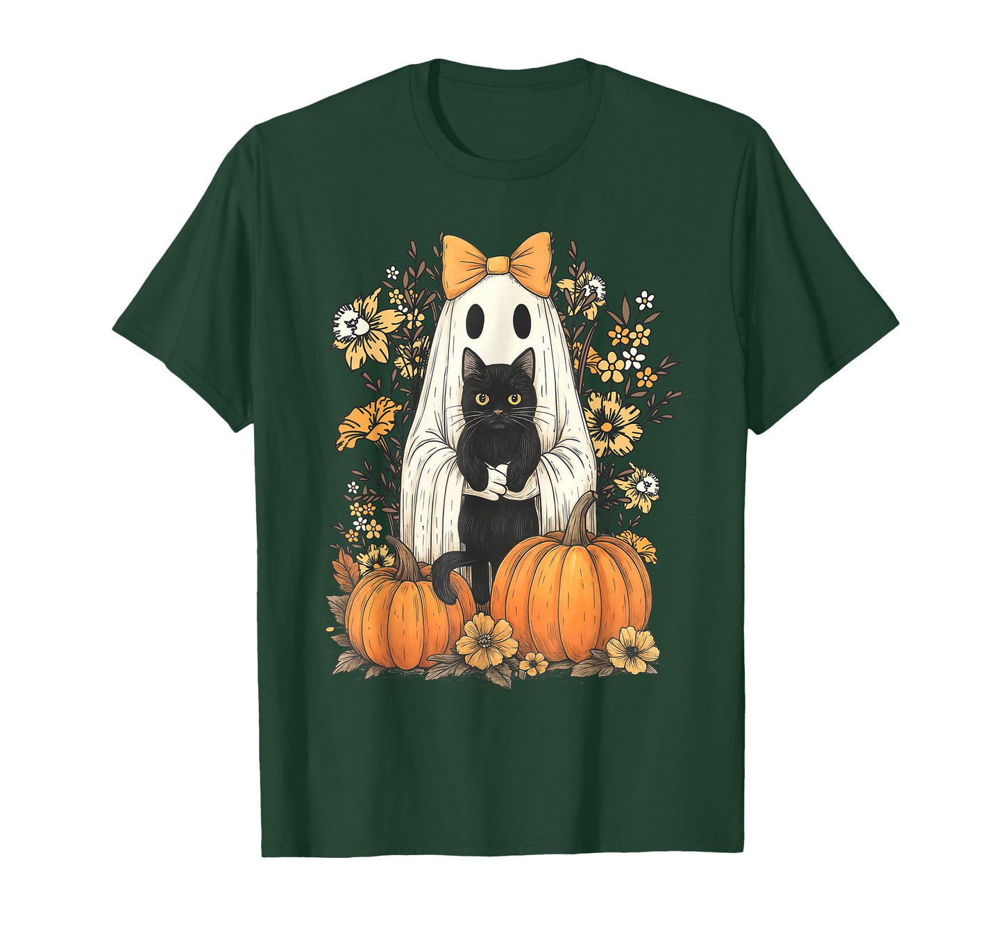 Vintage Halloween Ghost Holding Black Cat Retro Floral T-Shirt