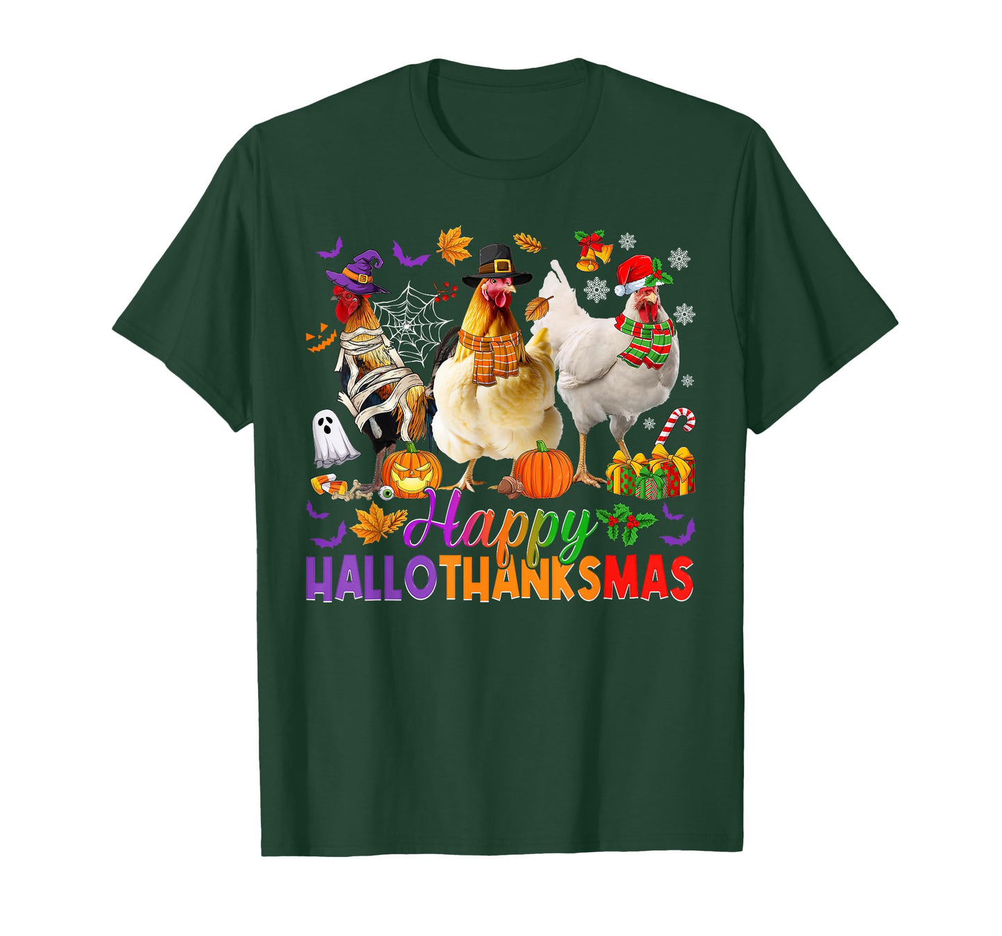 Happy Hallothanksmas Halloween Thanksgiving Xmas Chickens T-Shirt