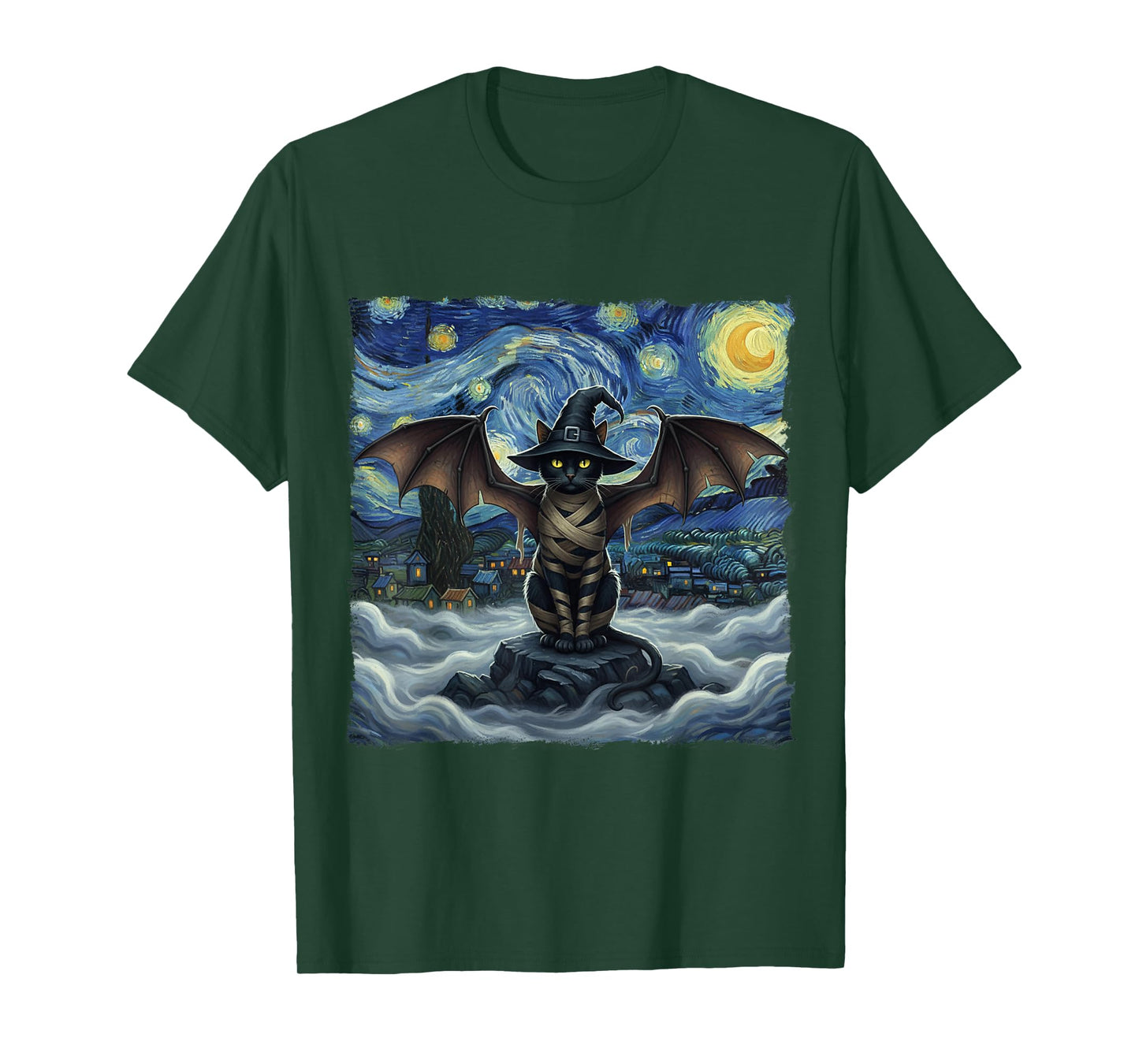 Cat Halloween Cat Starry Night Vampire Cat with Bat Wings T-Shirt