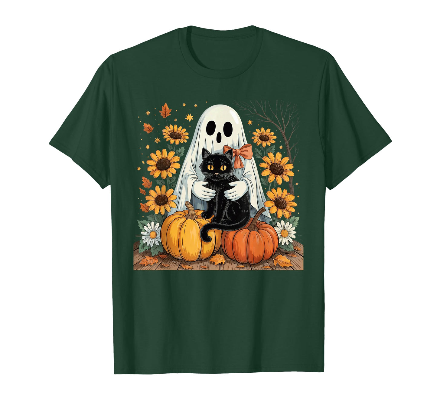 Womens Halloween Ghost Black Cat Ghost Halloween Girls T-Shirt