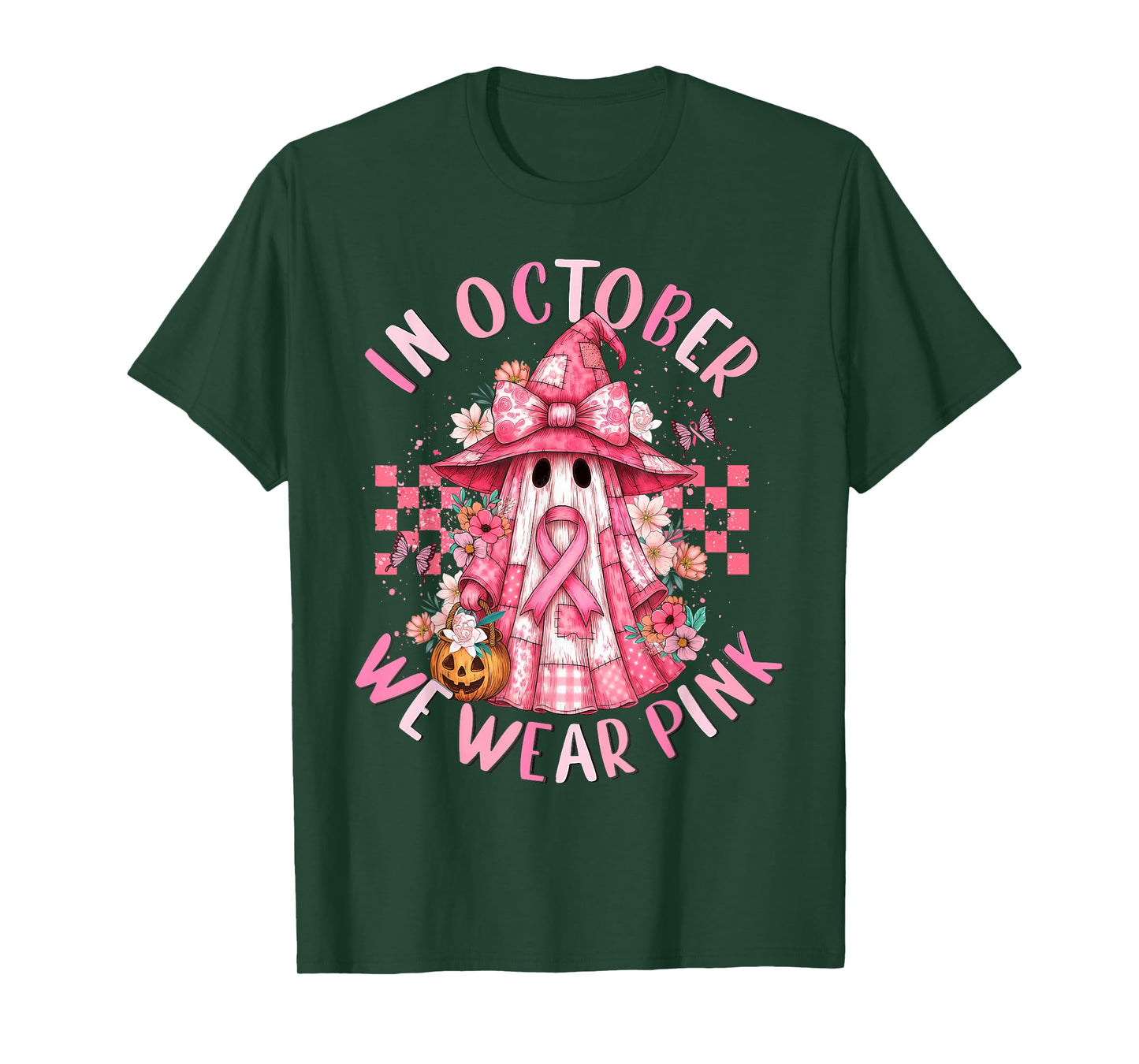 in October We Wear Pink Ghost Witch Breast Cancer Awareness T-Shirt