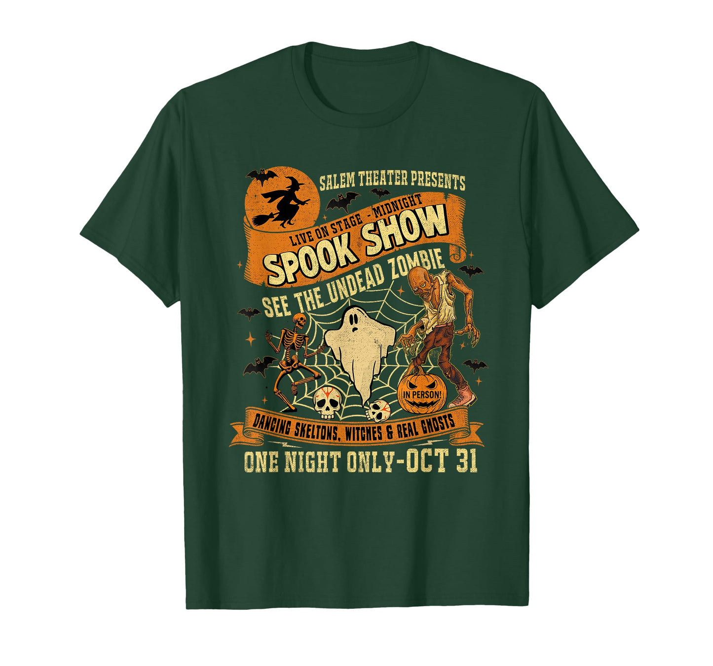 Vintage Halloween Tee Witch-Dancing Skeletons Monster T-Shirt