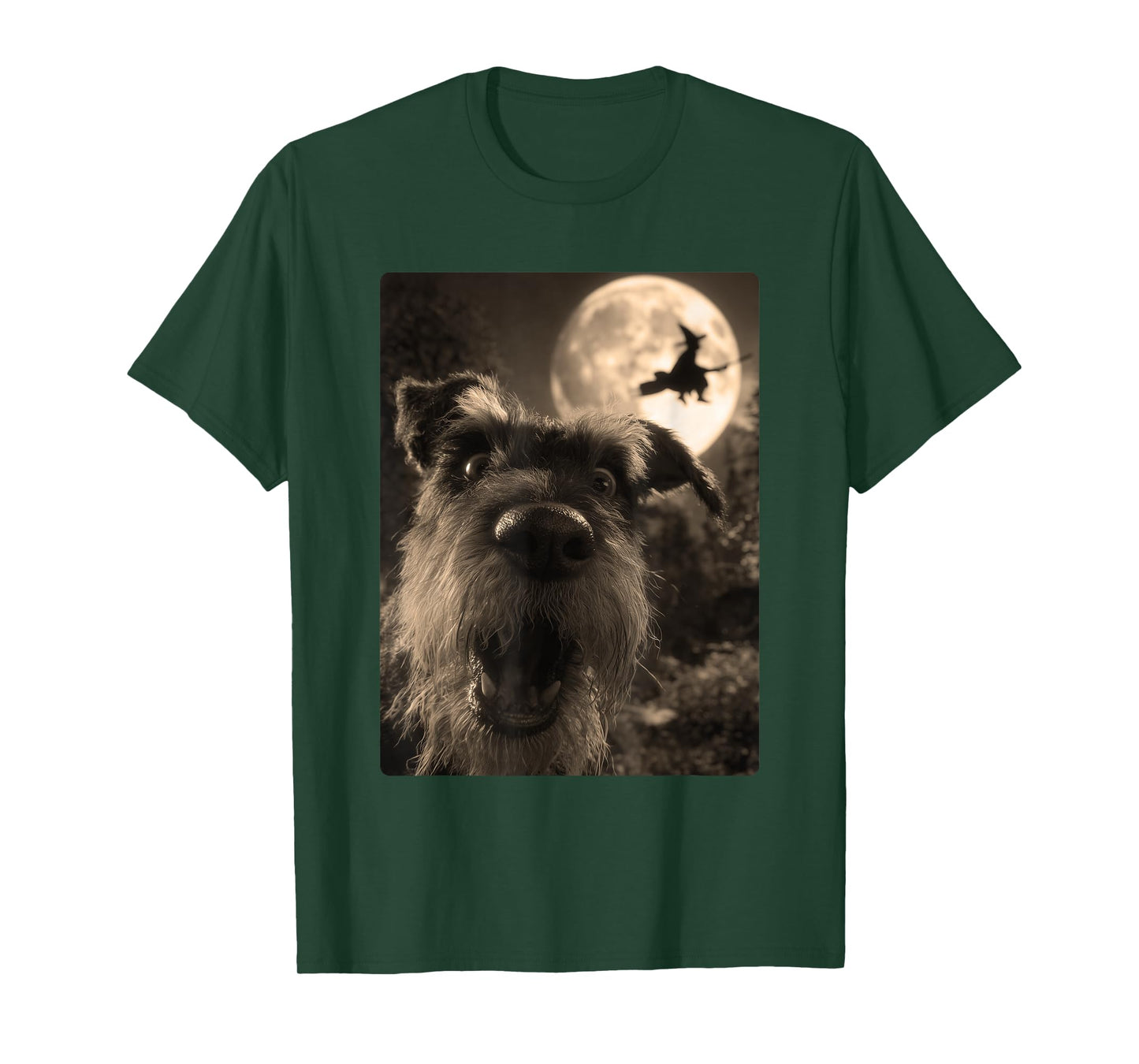 Funny Schnauzer Selfie Full Moon Flying Witch Halloween Dog T-Shirt