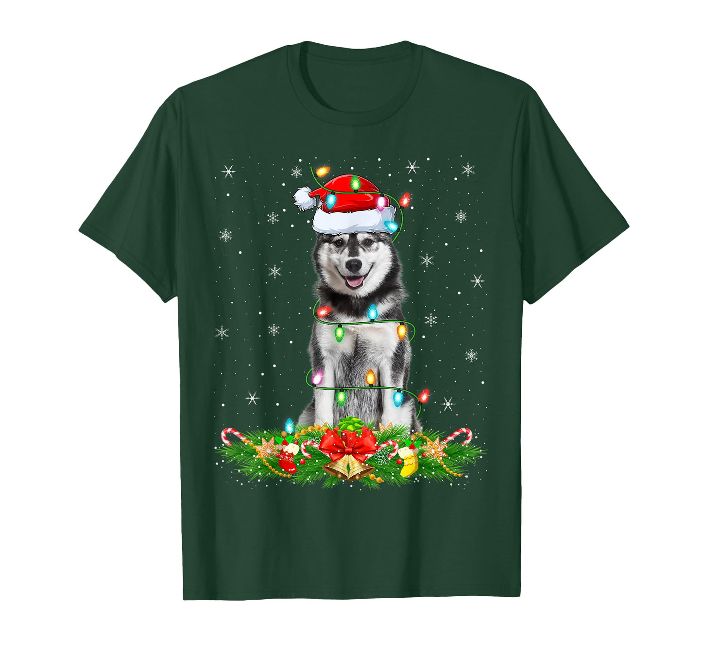 Siberian Husky Dog Christmas Lights Funny Santa Hat Xmas T-Shirt
